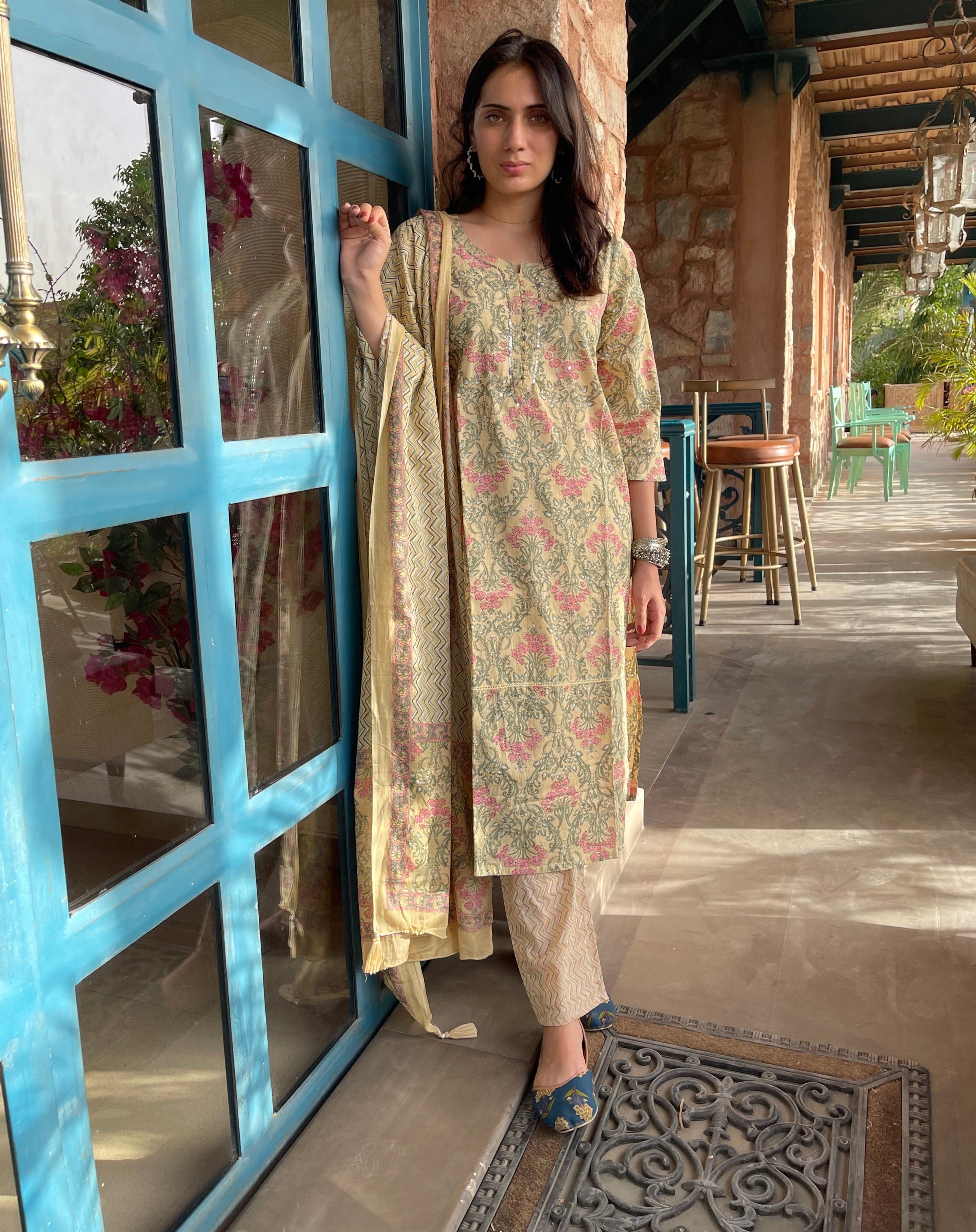 Handmade Yellow Block Print Kurta Suit Set for Women | Traditional Indian Ethnic Wear | Perfect for Festivals, Weddings & Casual Outings