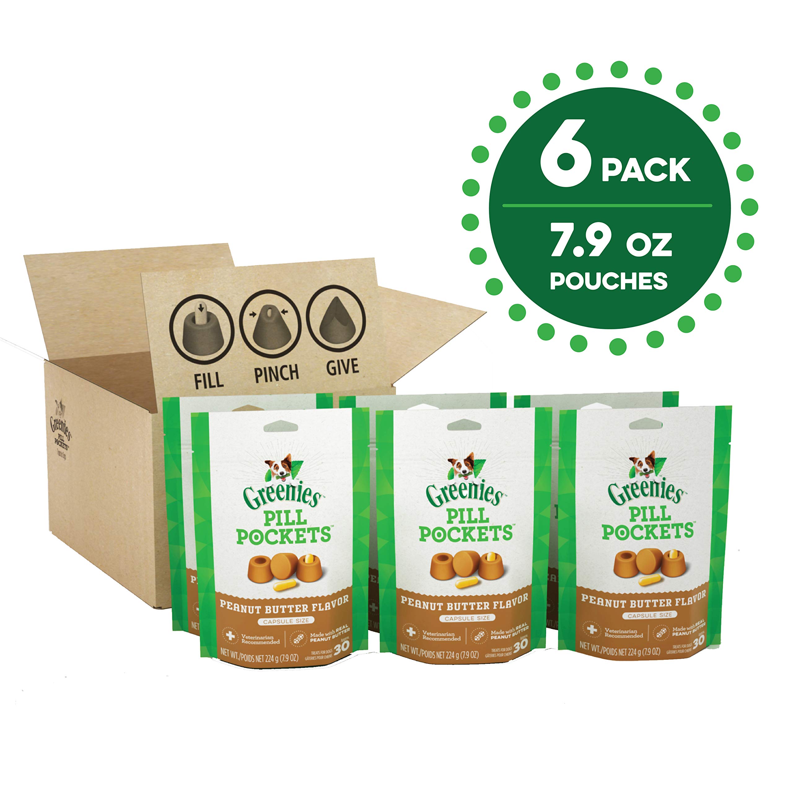 Greenies Pill Pockets for Dogs - Natural Soft Dog Treats with Real Peanut Butter, Capsule Size (6 Pack, 180 Treats) | Easy Medication for Dogs | Perfect for Picky Eaters & Daily Health Care