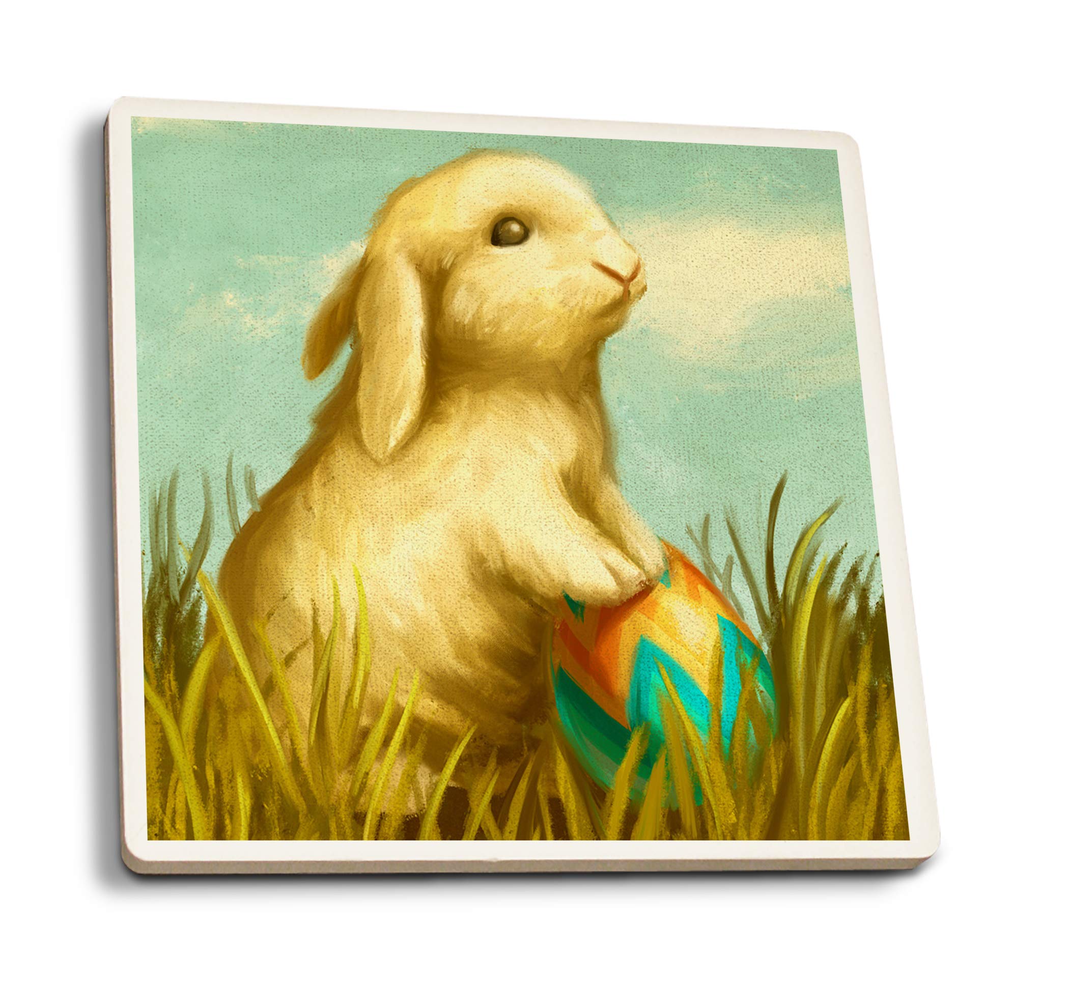 Easter Bunny Oil Painting Ceramic Coasters Set of 4 - Absorbent Cork Backed Coasters for Kitchen, Dining Table, and Home Decor - Perfect for Easter Celebrations, Holiday Parties, and Gift Giving