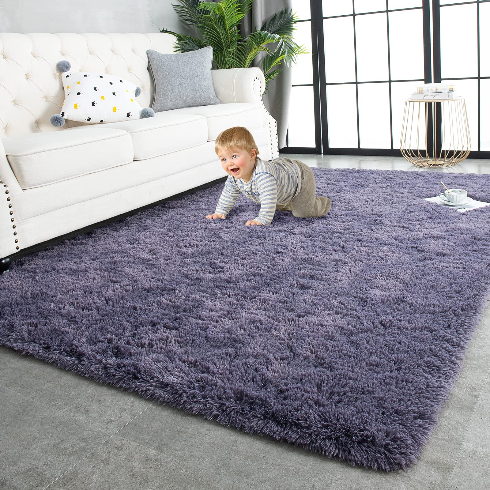 TWINNIS 5x8 Feet Super Soft Shaggy Fluffy Area Rug - Plush Modern Indoor Carpet for Living Room, Bedroom, Nursery & Kids Room - Non-Slip Rectangular Fuzzy Home Decor Rug in Grey Purple - Perfect for Cozy Floor Comfort, Family Gatherings and Stylish Home Makeover