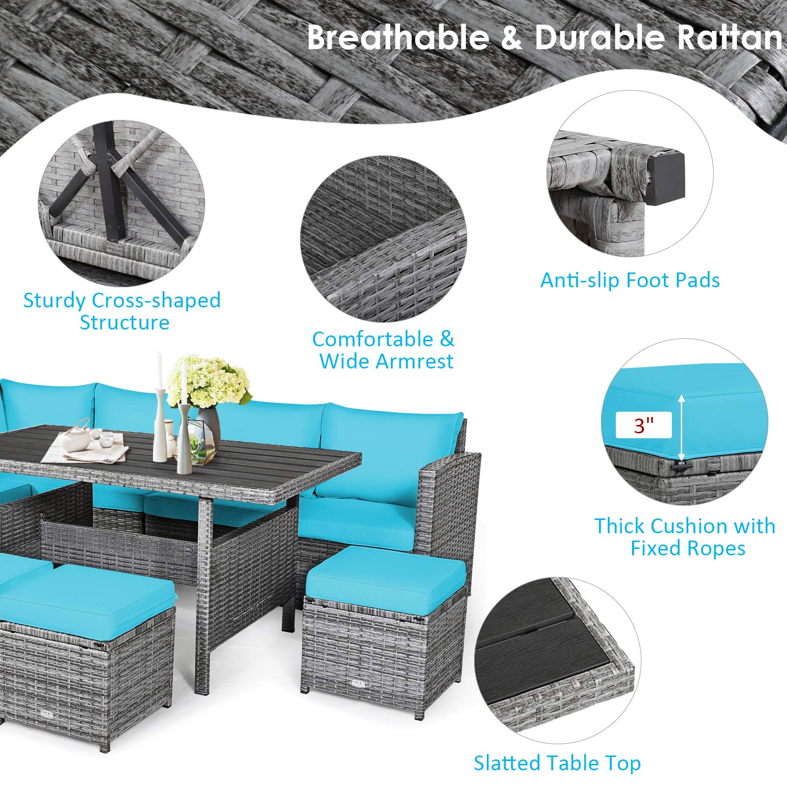 Tangkula 7-Piece Outdoor Patio Furniture Set - All-Weather Wicker Sectional Sofa with Cushions, Dining Table & Ottomans - Turquoise - Perfect for Backyard, Garden, Poolside & Patio Relaxation