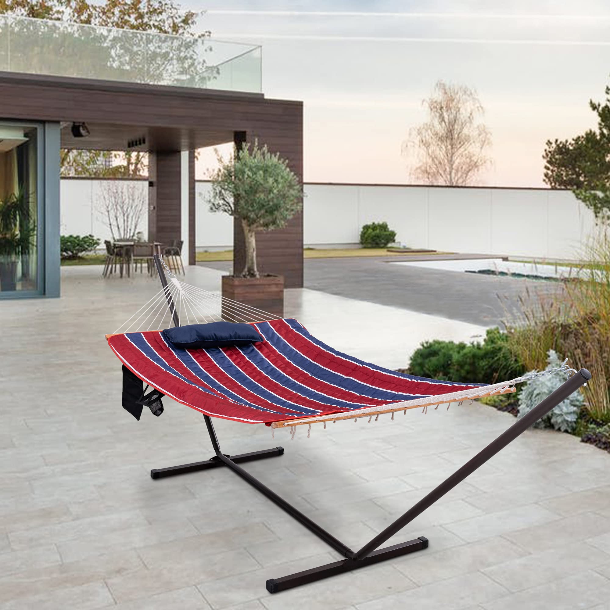 Best Double Hammock with Stand - 12 ft Steel Frame, 2 Person Cotton Rope Hammock with Quilted Pad & Accessories (Red/Navy Stripes) - Perfect for Backyard Relaxation, Camping & Beach Lounging