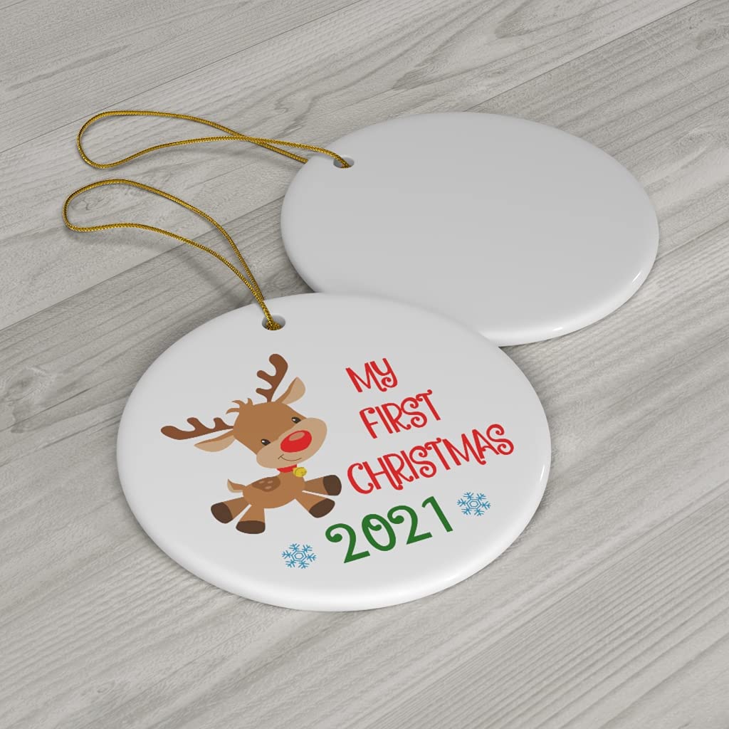 My First Christmas Ornament 2021 - Reindeer with Mask, Baby 1st XMAS Keepsake - Ceramic Holiday Decoration for New Parents, Cute Gift for Mom & Dad - Perfect for Baby Shower, Nursery Decor, and Christmas Tree Decoration