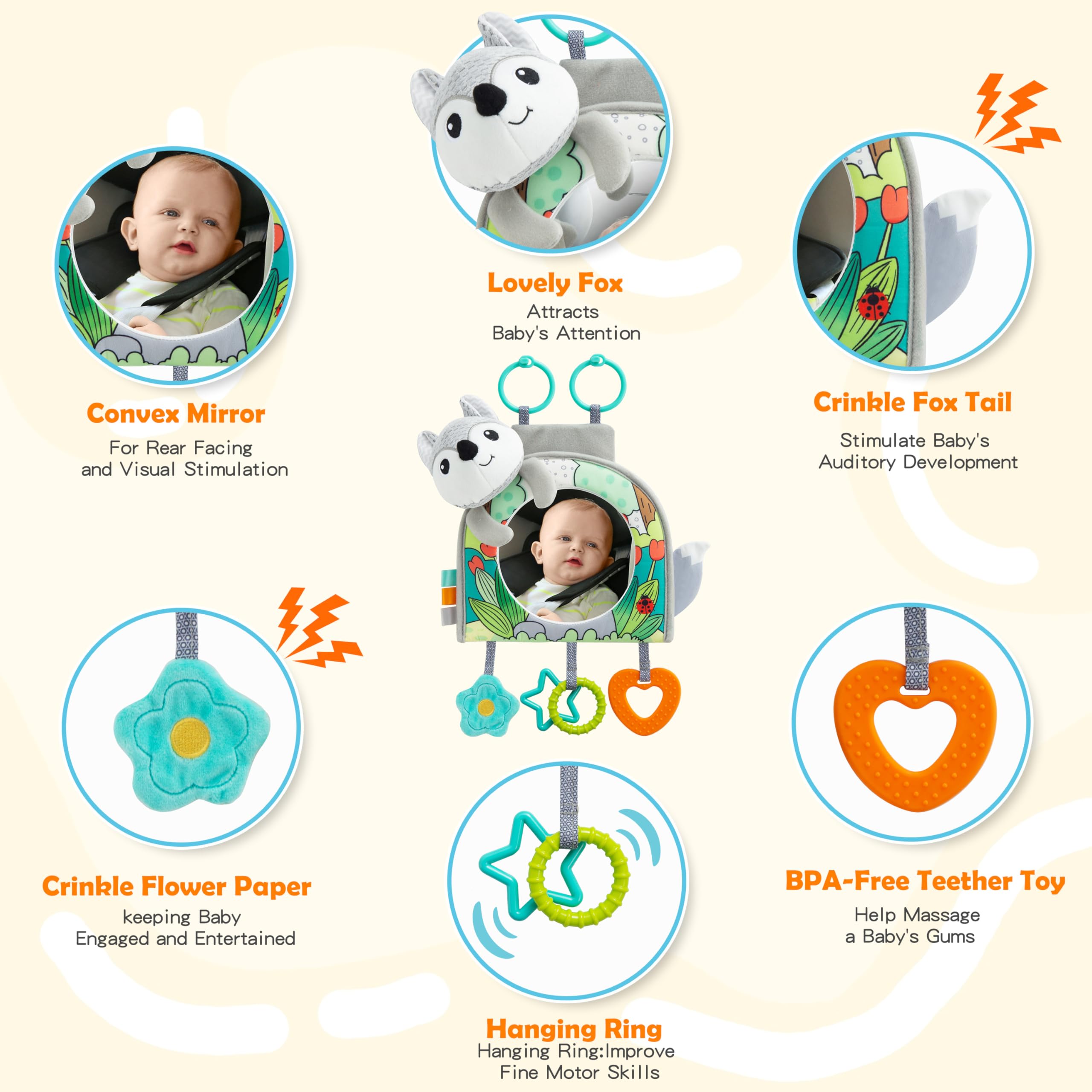 Baby Car Mirror with Hanging Toys - Safe Rear-Facing Travel Activity for Infants 0-18 Months