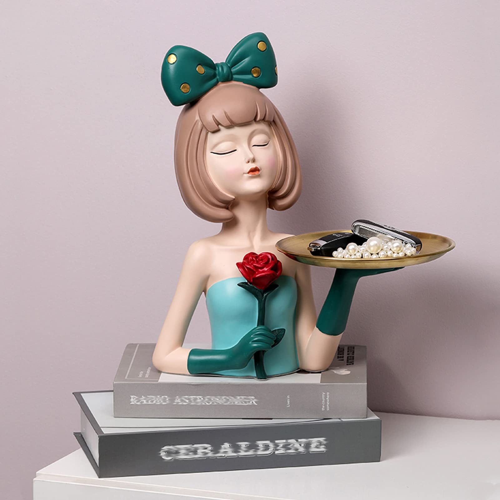 Cute Green Resin Girl Sculpture Storage Box with Tray - Modern Home & Office Desk Decor for Jewelry, Keys, Candy Organization | Creative Gift Idea for Women & Girls
