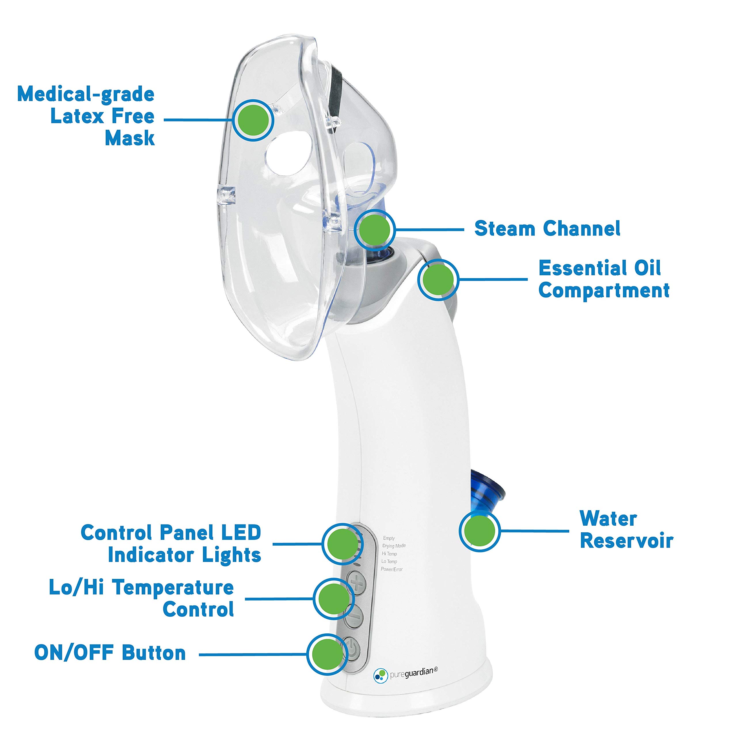PureGuardian MST55 Portable Warm Mist & Steam Inhaler with Essential Oil Tray - Handheld Natural Steam Therapy for Allergies, Nasal Congestion, Dryness & Sinus Relief - Perfect for Home, Office & Travel Use