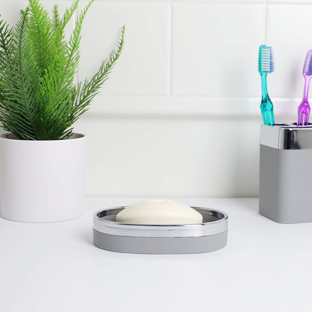 Home Basics SD35006 Oval Soap Dish - Grey | Bathroom Organizer for Bar Soap | Perfect for Showers, Sinks & Countertops