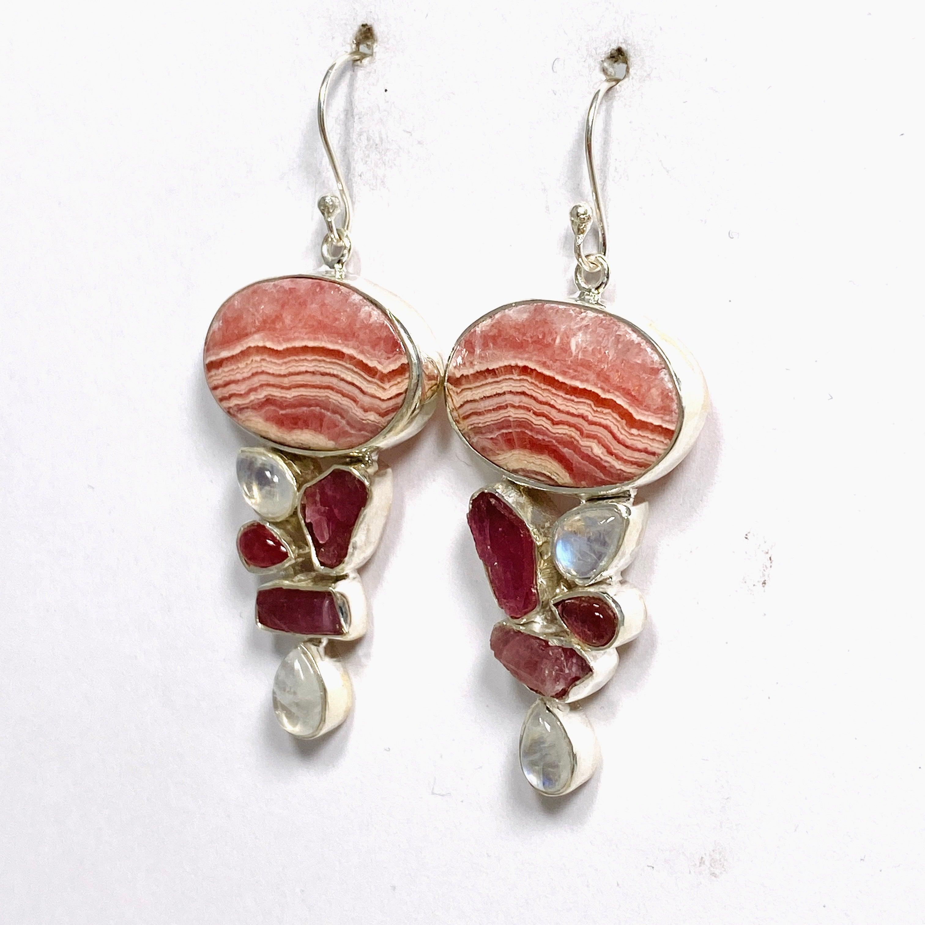 Rhodochrosite Moonstone Pink Tourmaline Multistone Dangle Earrings KEGJ1464 - Elegant Gemstone Jewelry for Women, Perfect for Weddings & Special Occasions