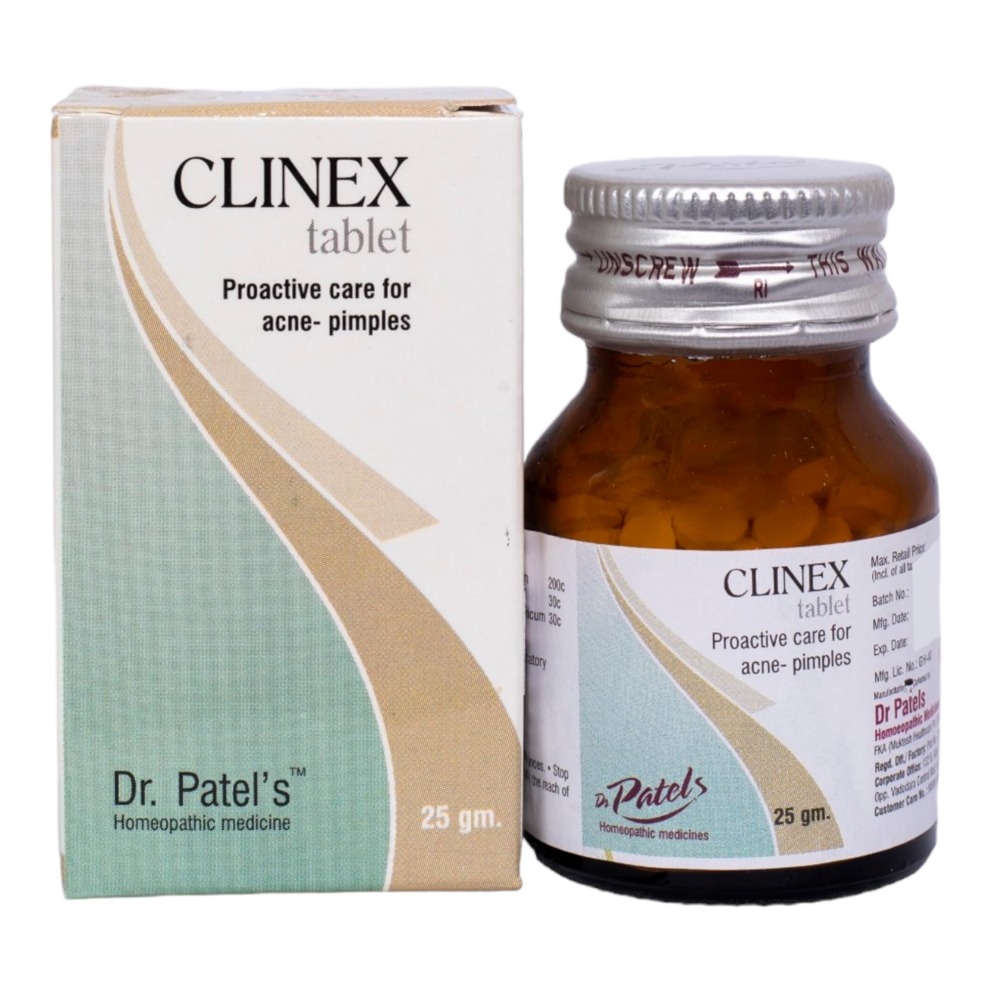 Dr. Patel's Homeopathic Clinex Tablet for Acne Treatment | Pimple & Blemish Control | Reduce Scars & Pigmentation | Clear & Healthy Skin Solution - 25g | Perfect for Daily Skincare Routine & Teenage Acne Problems