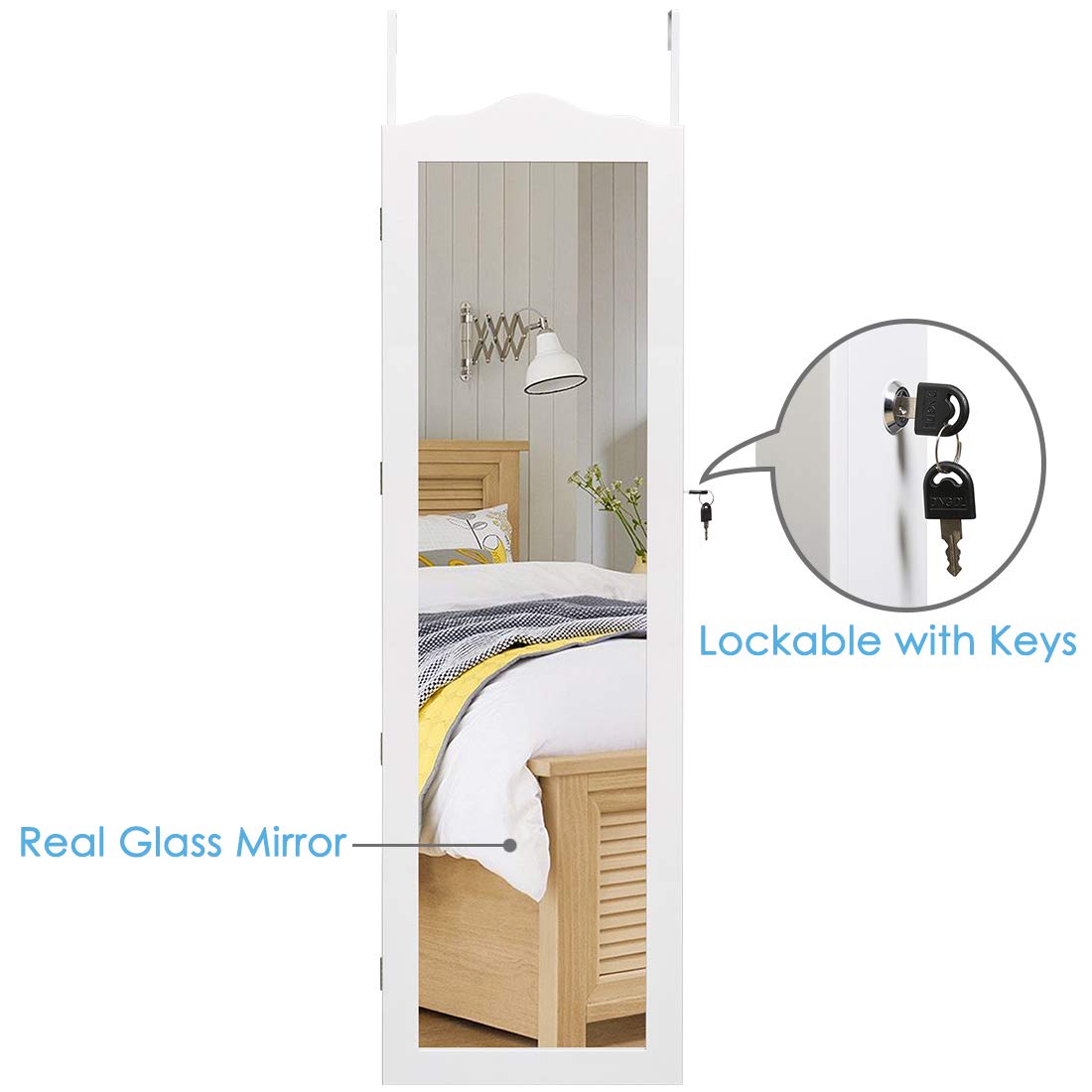 Lockable Wall Mount Jewelry Cabinet with Full Length Mirror & 2 Drawers - White Hanging Jewelry Armoire Organizer for Bedroom, Closet & Dressing Room