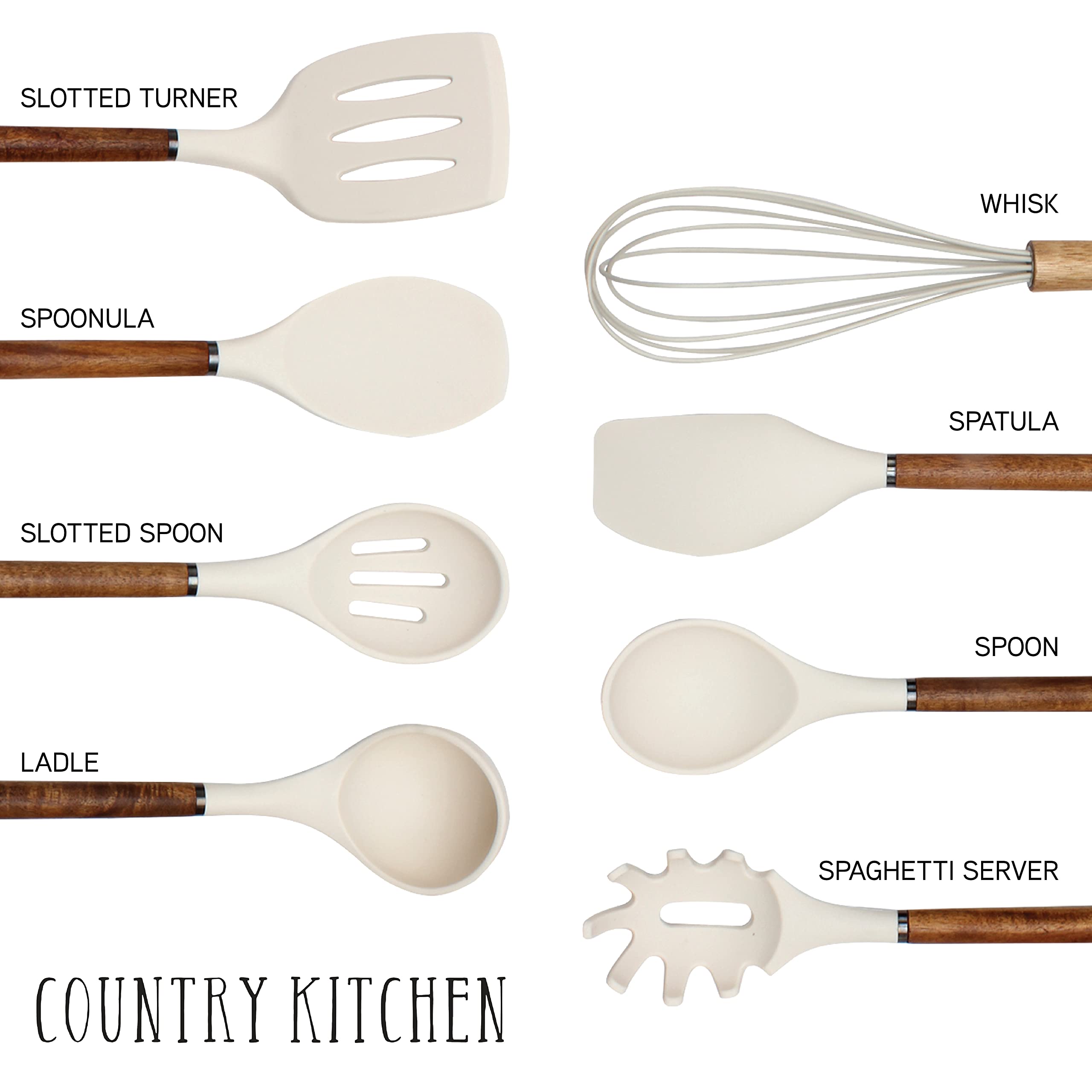 Non-Stick Silicone Cooking Utensil Set with Wood Handles - 8-Piece Kitchen Tools for Baking, Frying & Stirring - Country Style Khaki Color - Perfect for Home Chefs & Holiday Cooking Gifts