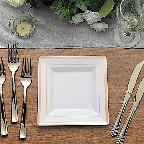 30-Pack 7-Inch White Plastic Square Plates with Rose Gold Trim - Elegant Disposable Tableware for Wedding, Party, Reception & Catering Events - Perfect for Elegant Dining & Special Occasions