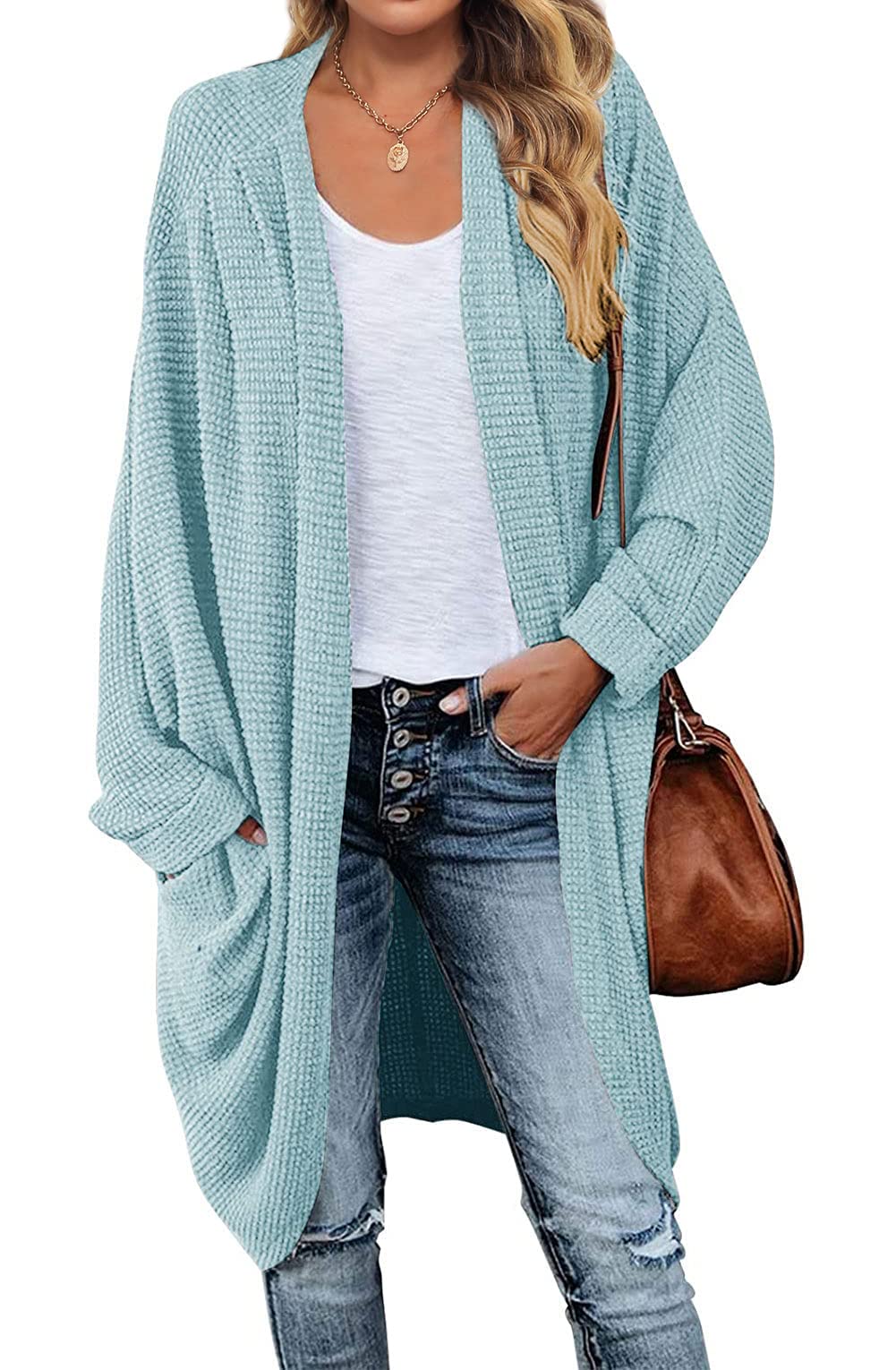 MEROKEETY Women's Waffle Knit Batwing Long Sleeve Cardigan - Loose Open Front Sweater Coat for Fall & Winter | Casual Office Wear, Layering Piece, Cozy Home Outfit