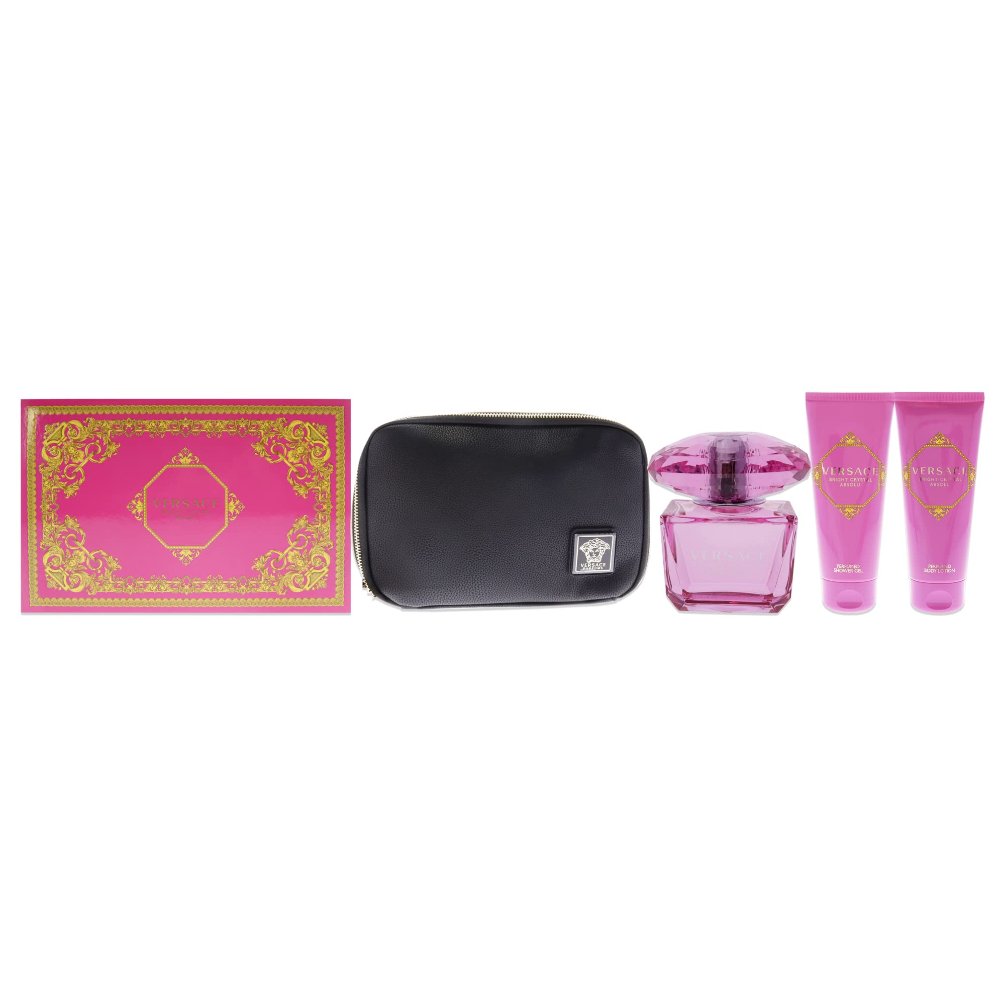 Versace Bright Crystal Absolu Women's Perfume Gift Set - 3oz EDP Spray, 3.4oz Shower Gel & Body Lotion with Luxury Bag - Floral Fruity Fragrance for Date Night, Wedding & Special Occasions