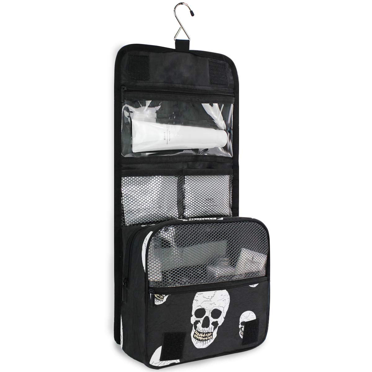 MOYYO Halloween Human Skull Travel Hanging Toiletry Bag - Large Capacity Cosmetic Organizer for Makeup, Toiletries & Accessories - Perfect for Women, Men & Girls Traveling, Camping & Gym Use