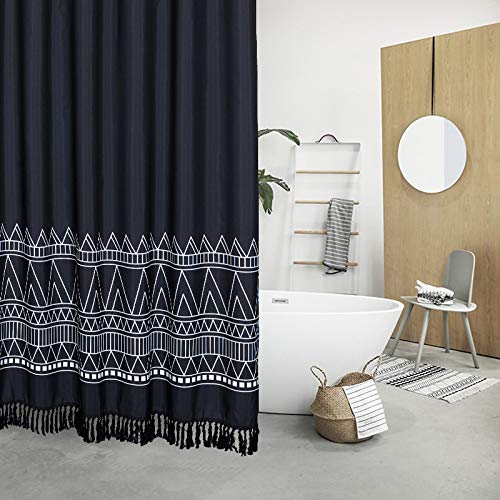 YoKii Black Boho Tassel Shower Curtain 36x72 Inch - Geometric Pattern Bathroom Decor with Hooks, Heavy Weighted Fabric for Spa, Hotel & Home Use - Waterproof Bath Curtain Set (Black)