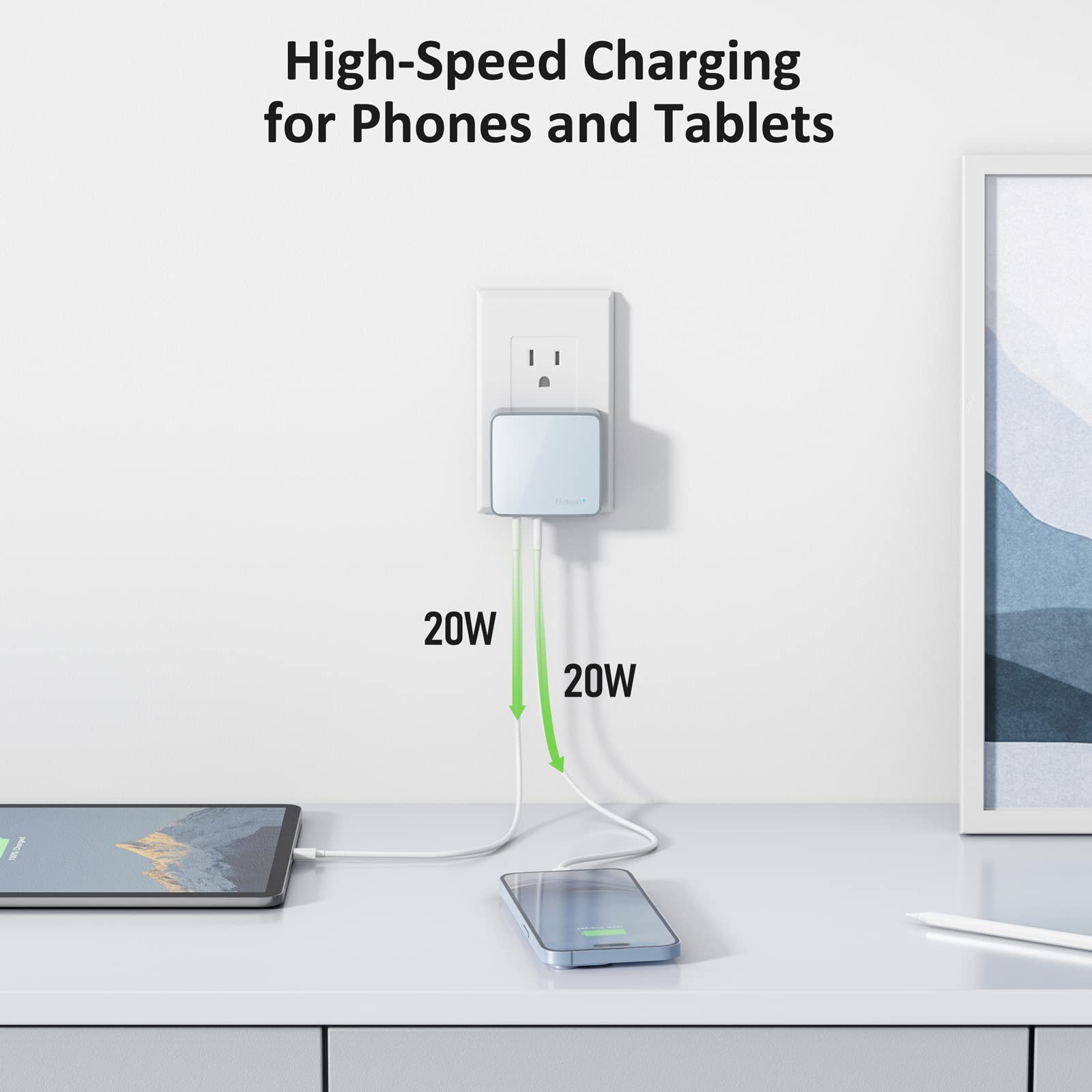 Nekmit 52W 4-Port USB C Fast Wall Charger with 2x 20W PD & 2 USB Ports - Compatible with iPhone 14/Pro/Max, Galaxy S23, Pixel 7, iPad Pro, AirPods Pro - Slim Flat Design (Blue) - Perfect for Home, Office & Travel Charging Multiple Devices Simultaneously