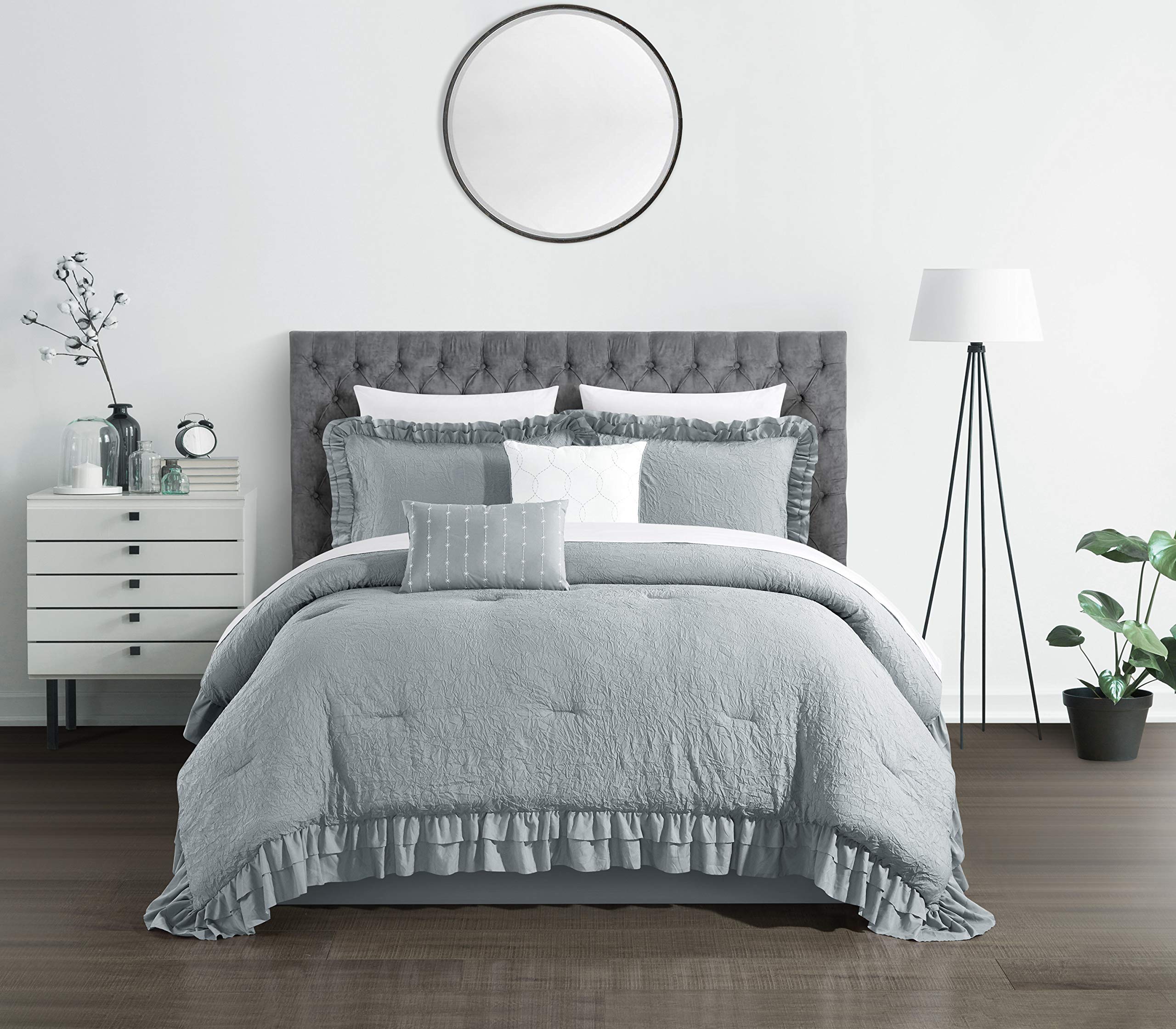 Chic Home Kensley 5-Piece Comforter Set - Washed Crinkle Ruffled Flange Border Design with Decorative Pillow Shams, Queen Size, Grey - Perfect for Master Bedroom, Guest Room & Cozy Home Decor