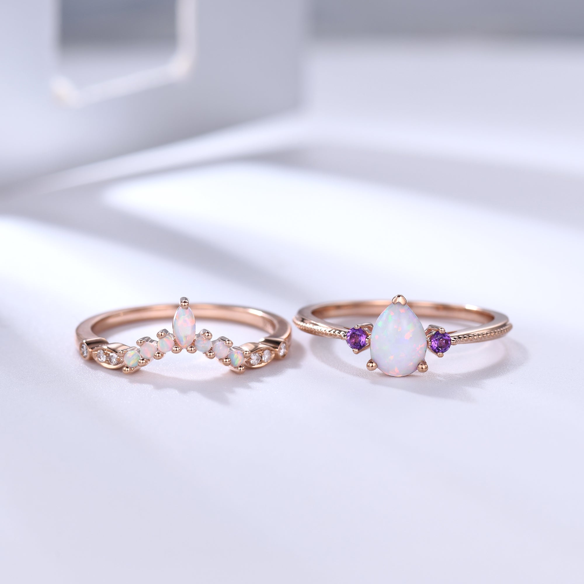 Exquisite Pear Opal Engagement Ring Set in Rose Gold with Amethyst Accents - Perfect for Wedding, Proposal & Anniversary Gifts