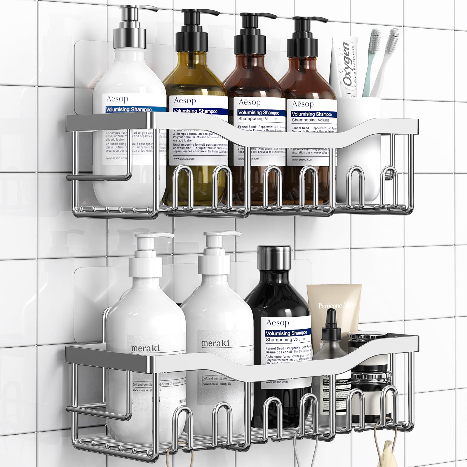 2 Pack Rustproof Stainless Steel Shower Caddy - No Drill Adhesive Bathroom Organizer for Shower Storage, Home Decor & Kitchen Organization | Perfect for Small Bathrooms, Apartments & Dorm Rooms