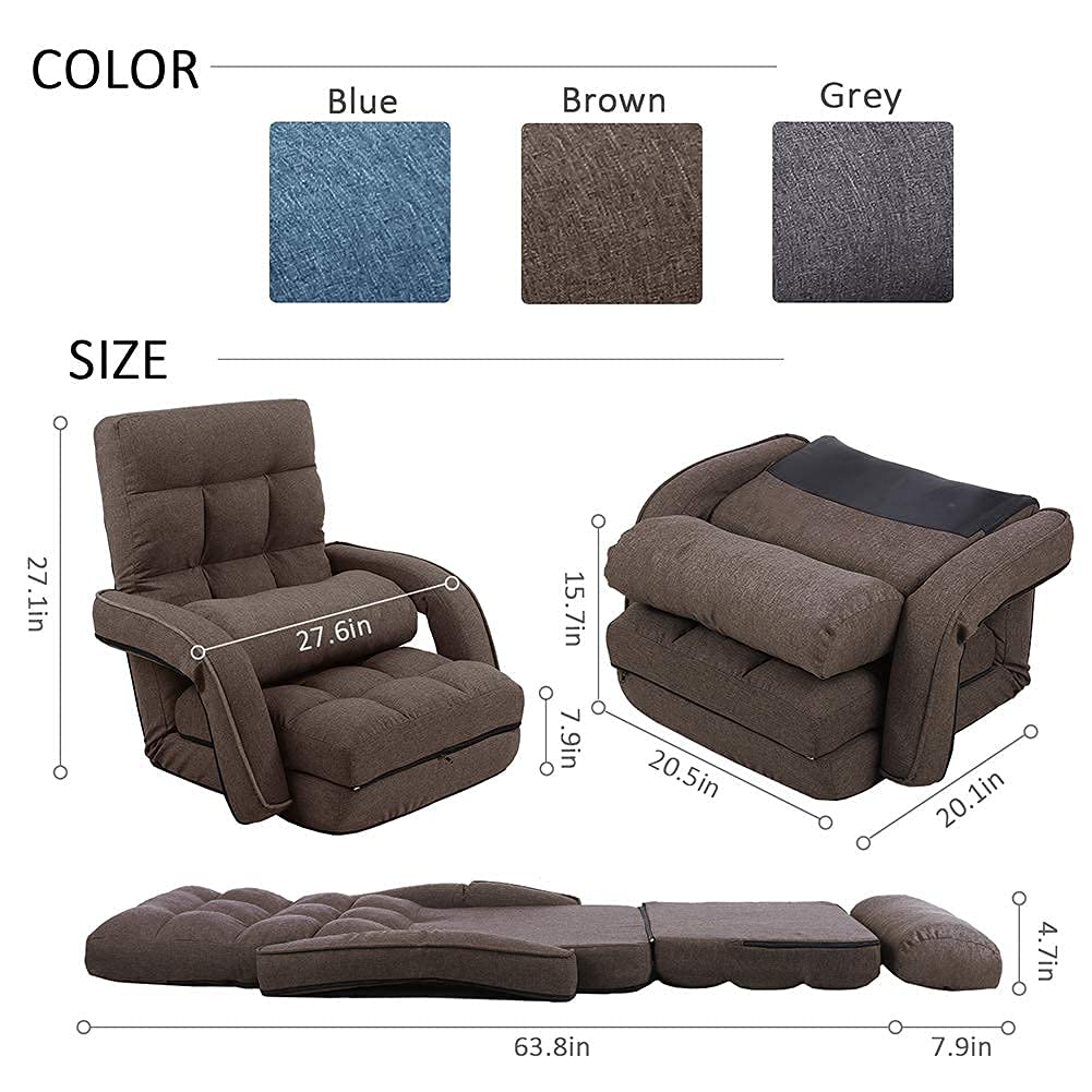 FLOGUOR 14-Position Adjustable Floor Chair - Ergonomic Chaise Lounge with Armrests & Pillow - Foldable Lazy Sofa for Adults - Perfect for Gaming, Living Room & Bedroom (Brown 8803CO) - Great for Movie Nights, Reading & Relaxation