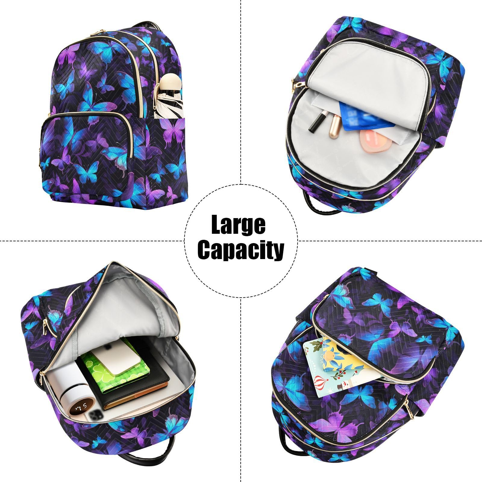 Butterfly Print Blue & Purple Women's Anti-Theft Backpack Purse - Fashionable Small Mini Daypack Shoulder Bag for Daily Use, Travel & Weekend Outings (Medium Size)