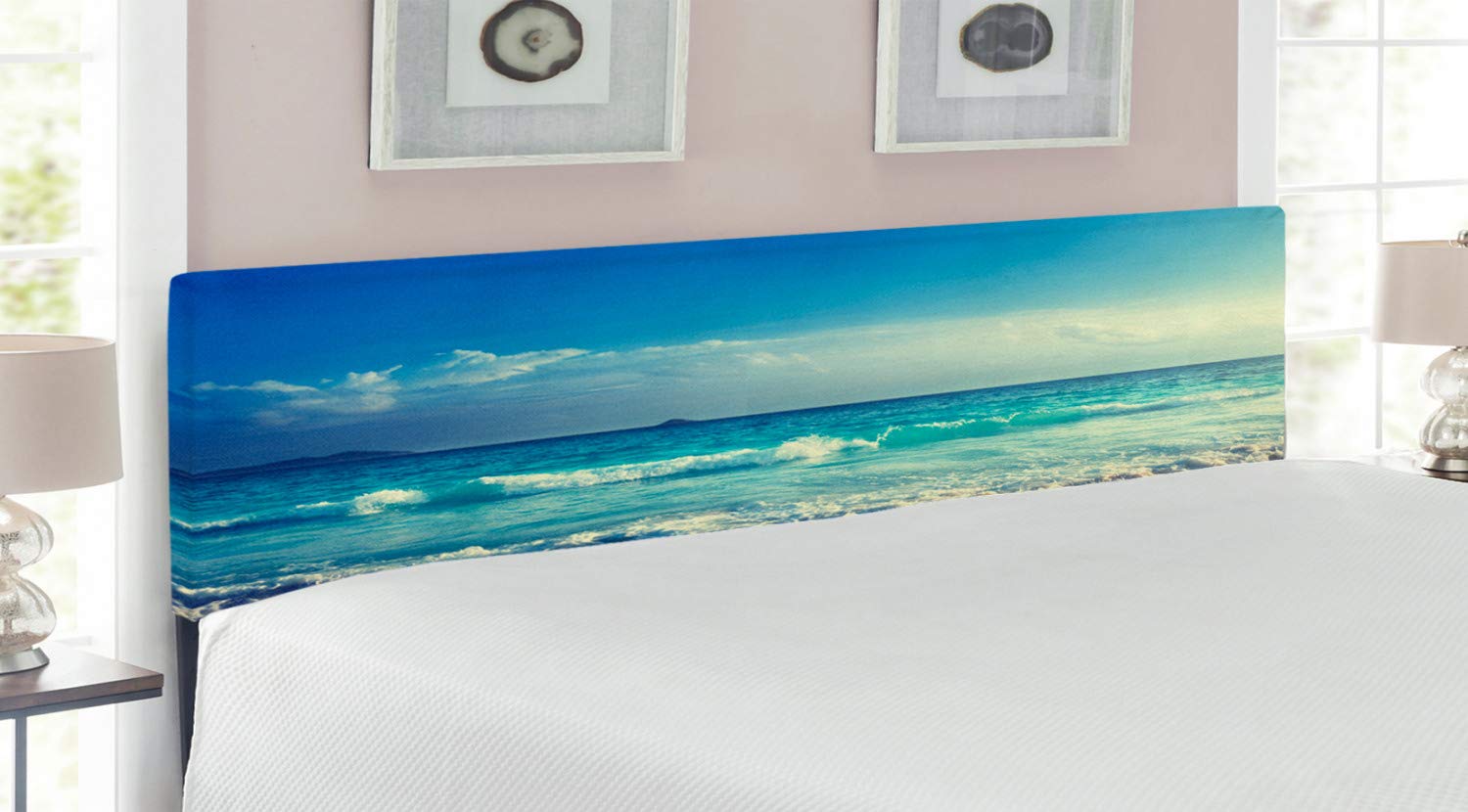 Ambesonne Ocean Headboard - Tropical Island Paradise Beach Sunset Waves & Misty Sea Design, Upholstered Decorative Metal Bed Frame with Memory Foam, King Size Cream Turquoise - Perfect for Coastal & Beach-Themed Bedrooms, Guest Rooms, Vacation Homes