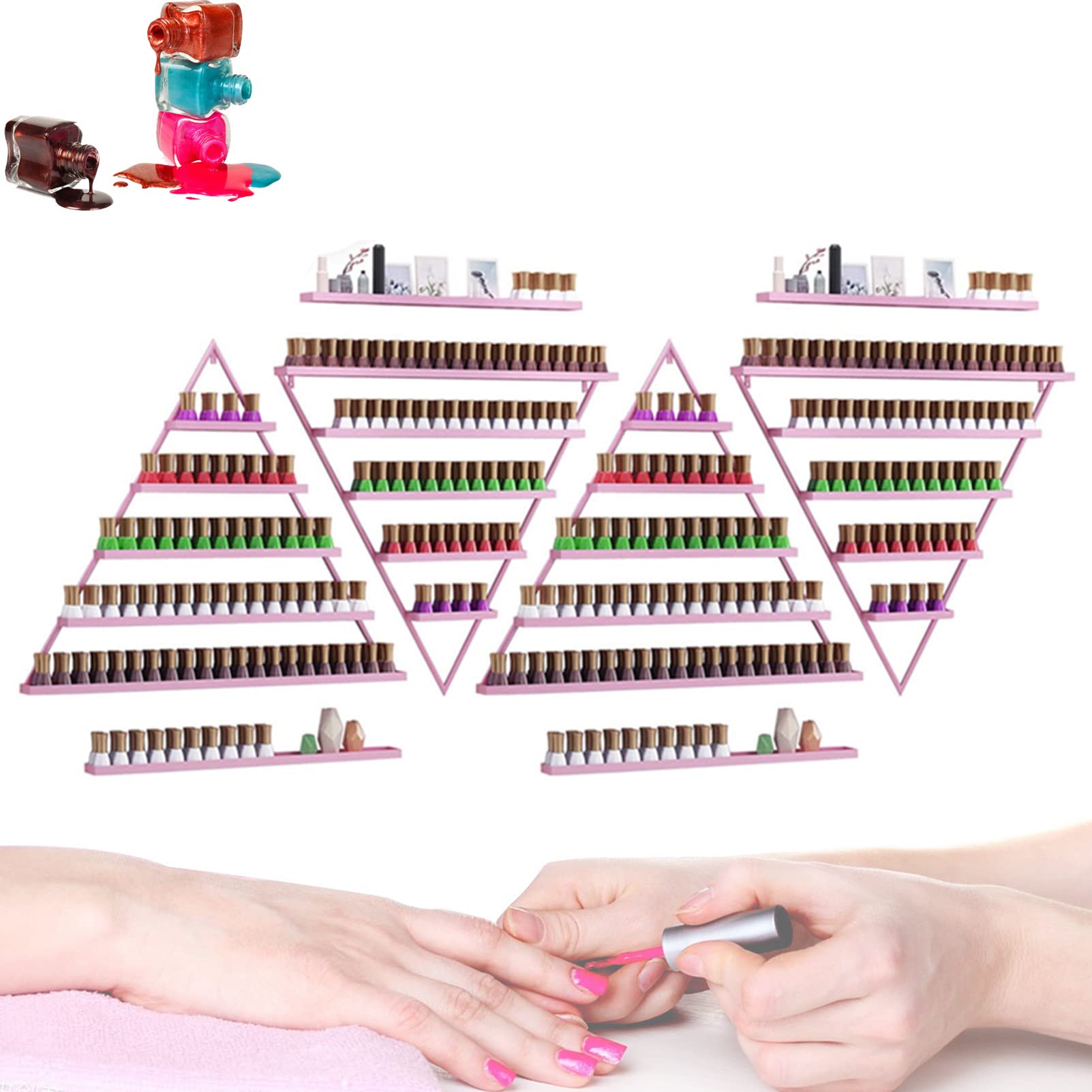 5-Tier Wall Mounted Metal Nail Polish & Essential Oil Organizer - Triangle Floating Shelf for Salon, Bathroom, Bedroom Storage & Display - Space Saving Cosmetic Perfume Wall Shelf