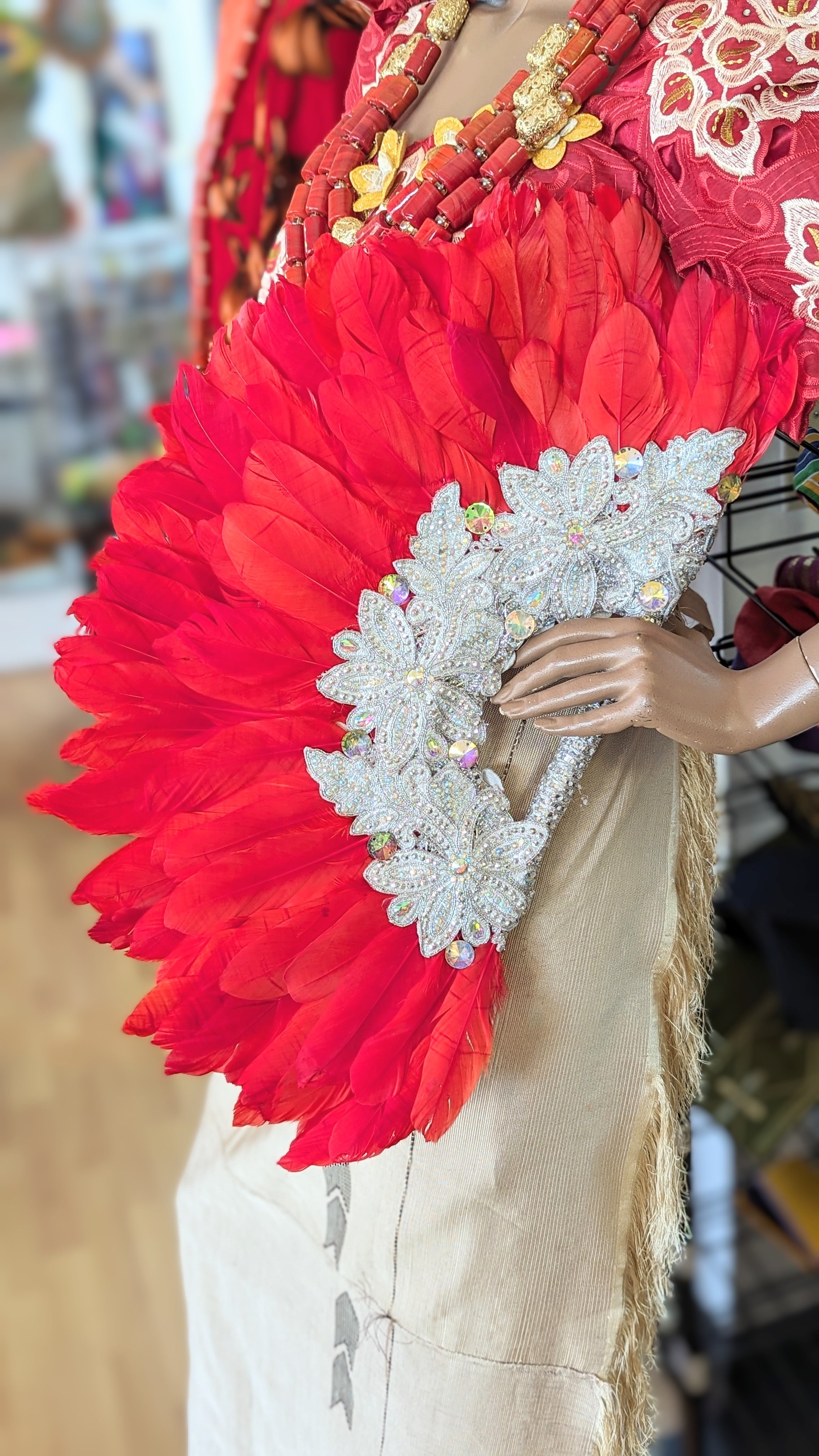 Elegant Red Nigerian African Wedding Feather Fan - Handmade Traditional Bridal Accessory for Ceremonies & Cultural Celebrations | Perfect for Weddings, Festivals & Special Events