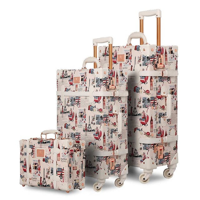 12/20/26 Inch 3-Piece Vintage Rolling Luggage Set for Girls - Fashion Retro PU Suitcases with Wheels for Travel, School & Weekend Getaways
