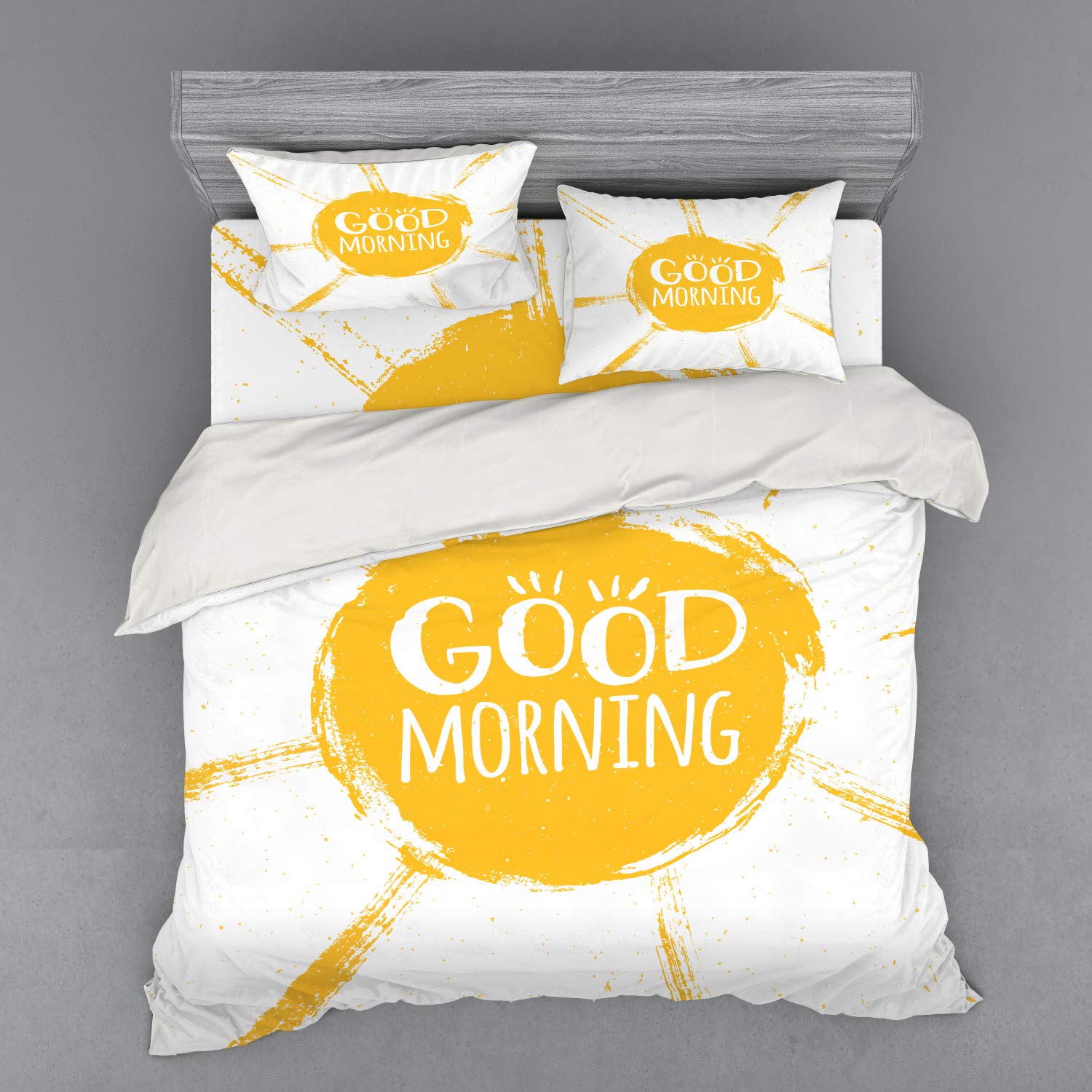 Ambesonne Summer Vibes Grungy Sandy Look Duvet Cover Set with Morning Text - 4 Piece Bedding Set Includes Shams & Fitted Sheet, King Size in Earth Yellow & White - Perfect for Boho Chic Bedrooms & Beach House Decor