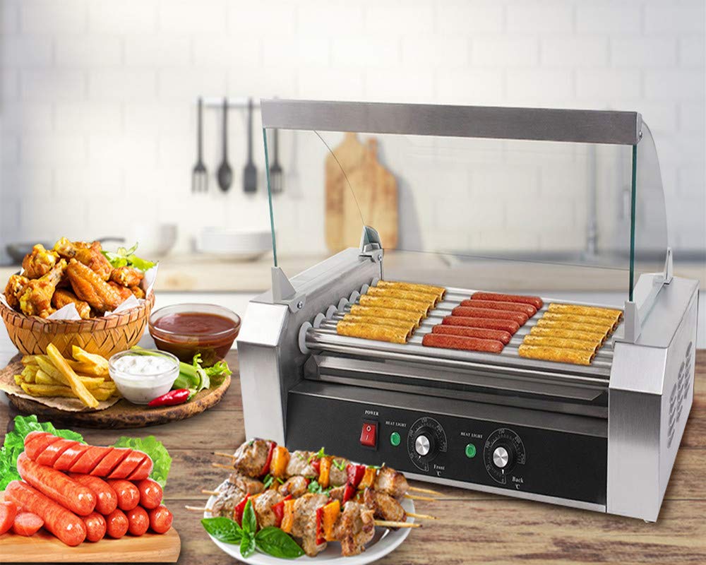 Electric Hot Dog Roller Machine - 18 Hot Dog Capacity, Non-Stick Surface, Removable Stainless Steel Drip Tray & Glass Hood Cover - Commercial Countertop Hot Dog Warmer for Restaurants, Food Trucks & Convenience Stores