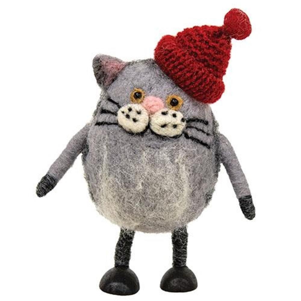 Handmade Felted Cat Ornament with Red Hat - Christmas Tree Decoration, Holiday Home Decor, Gift for Cat Lovers