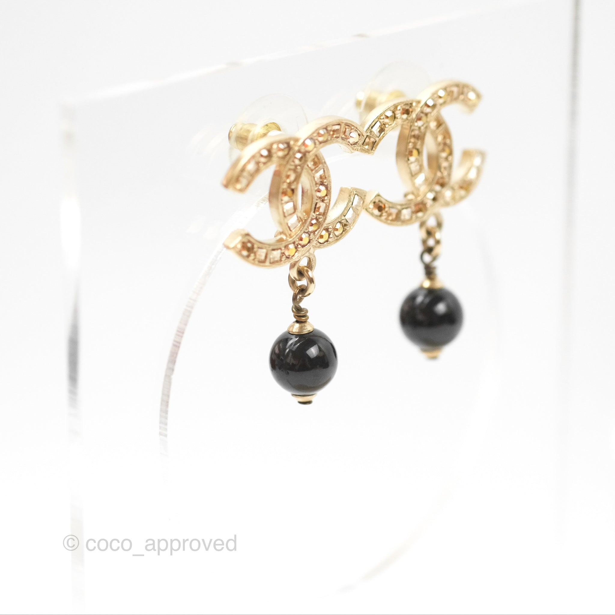 Chanel Champagne Crystal CC Black Bead Drop Earrings Gold Tone 21S - Luxury Fashion Jewelry for Women, Perfect for Parties, Weddings & Special Occasions