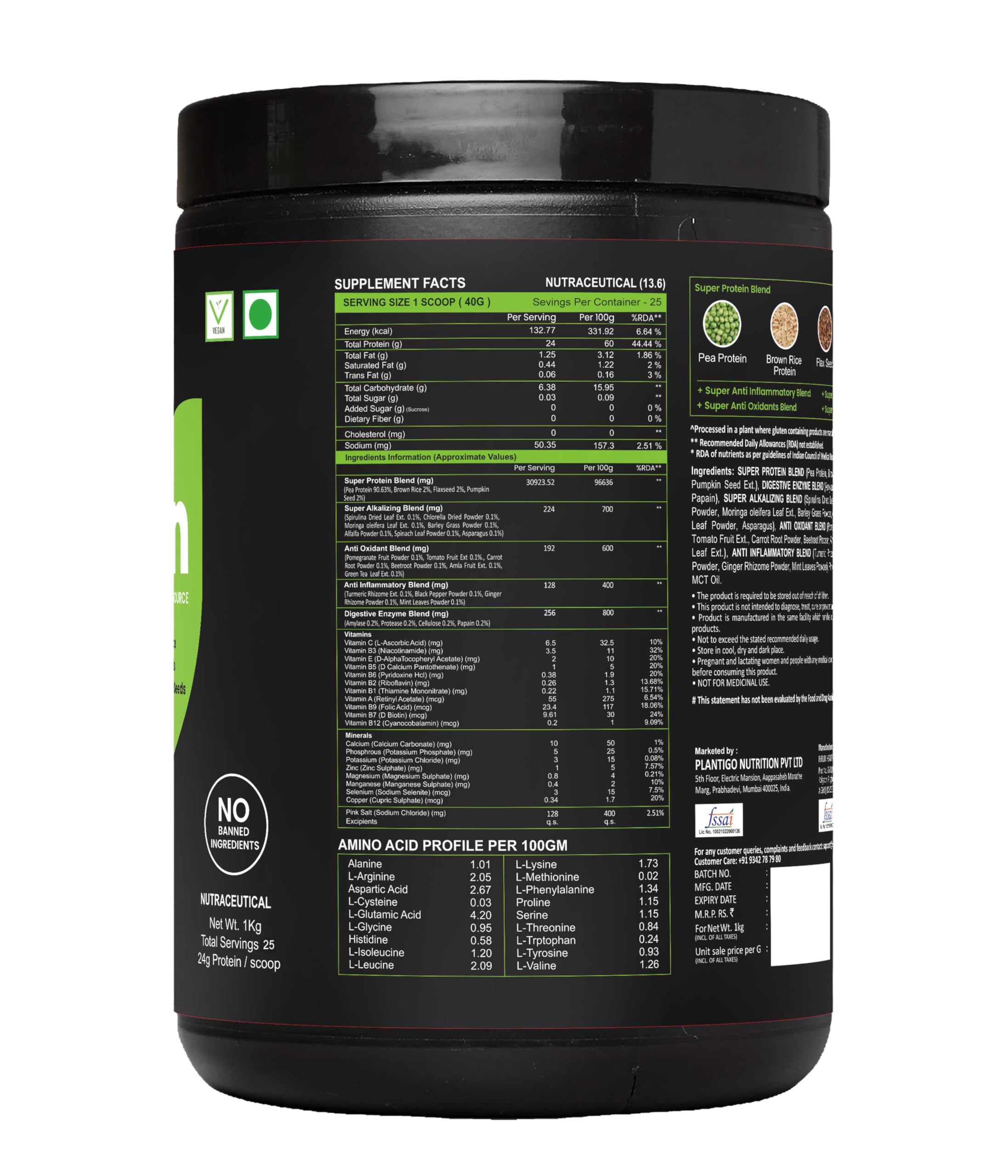 Plantigo Clean Plant Protein Powder - Vegan Protein Blend with Pea, Brown Rice, Flax & Pumpkin | 21 Superfoods, No Preservatives or Banned Substances | Brazilian Chocolate Flavor (1kg) for Men & Women - Perfect for Post-Workout Recovery, Smoothies & Healthy Meal Replacement
