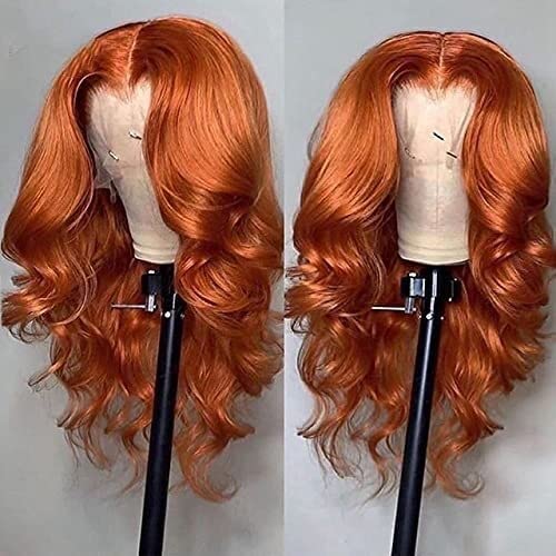 oLUEs Body Wave Lace Front Wig - Burnt Orange Ginger Colored Human Hair Wig with Transparent Lace (24 Inch) | Perfect for Cosplay, Halloween, Daily Fashion & Special Occasions