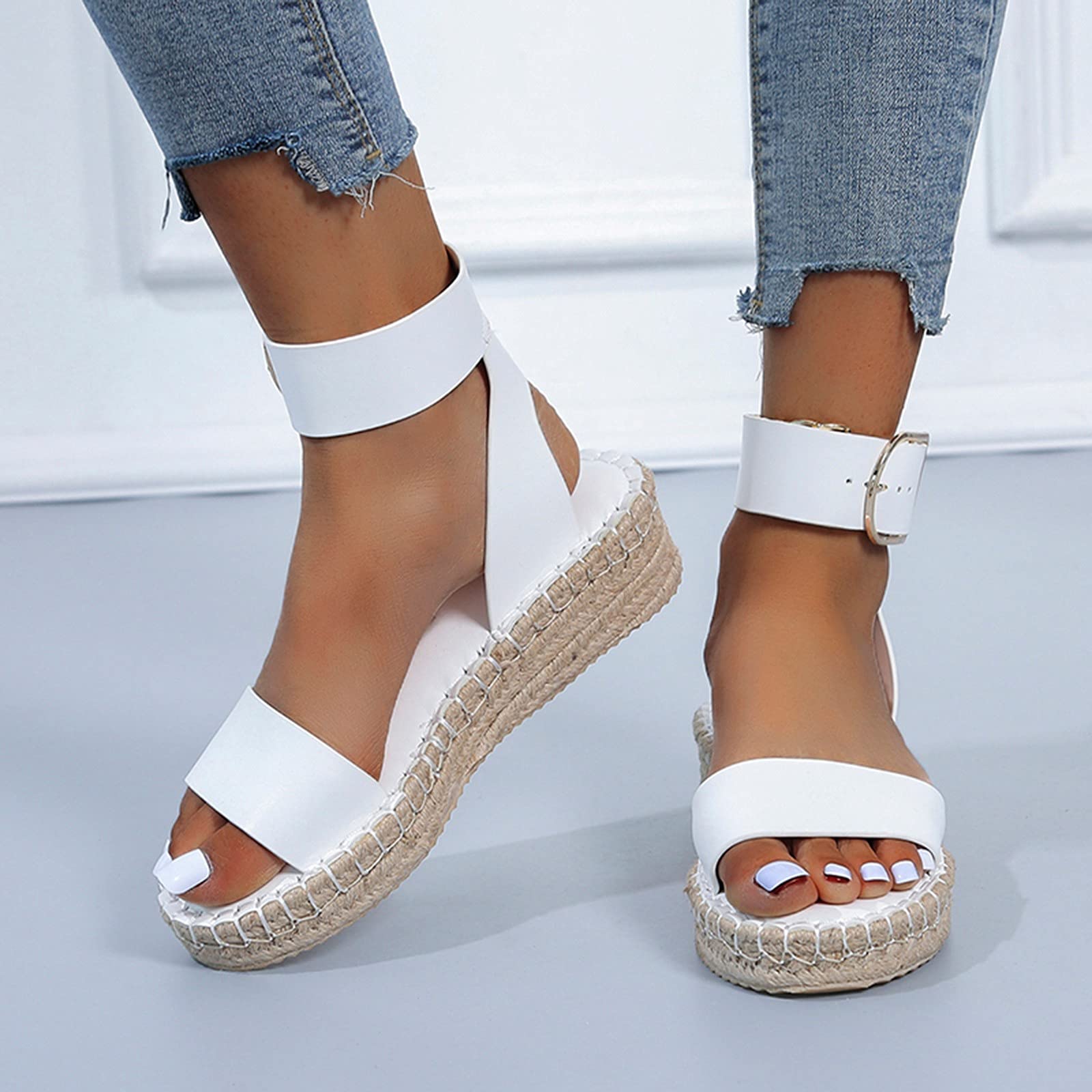 Women's Wedge Sandals with Ankle Buckle - Comfortable Espadrille Platform Sandals for Summer | Open Toe Wide Width Orthopedic Beach Sandals (E-White, Size 6.5-7) | Perfect for Casual Outings, Vacations & Beach Wear