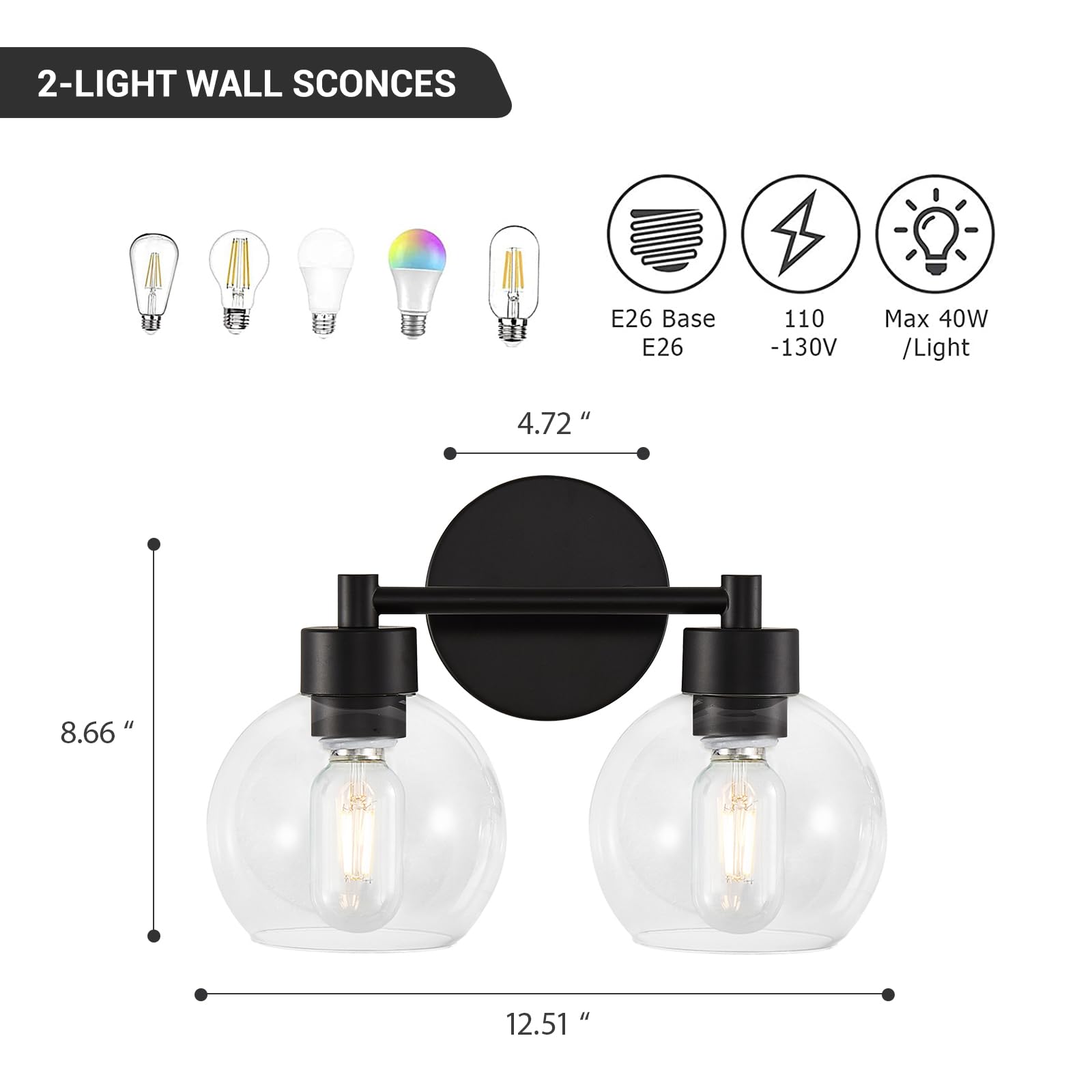 Modern Black Bathroom Light Fixture - 2-Light Vanity Sconce with Clear Glass Shades for Mirror, Bedroom, Living Room & Kitchen - Perfect for Bathroom Makeover, Modern Home Decor & Ambient Lighting