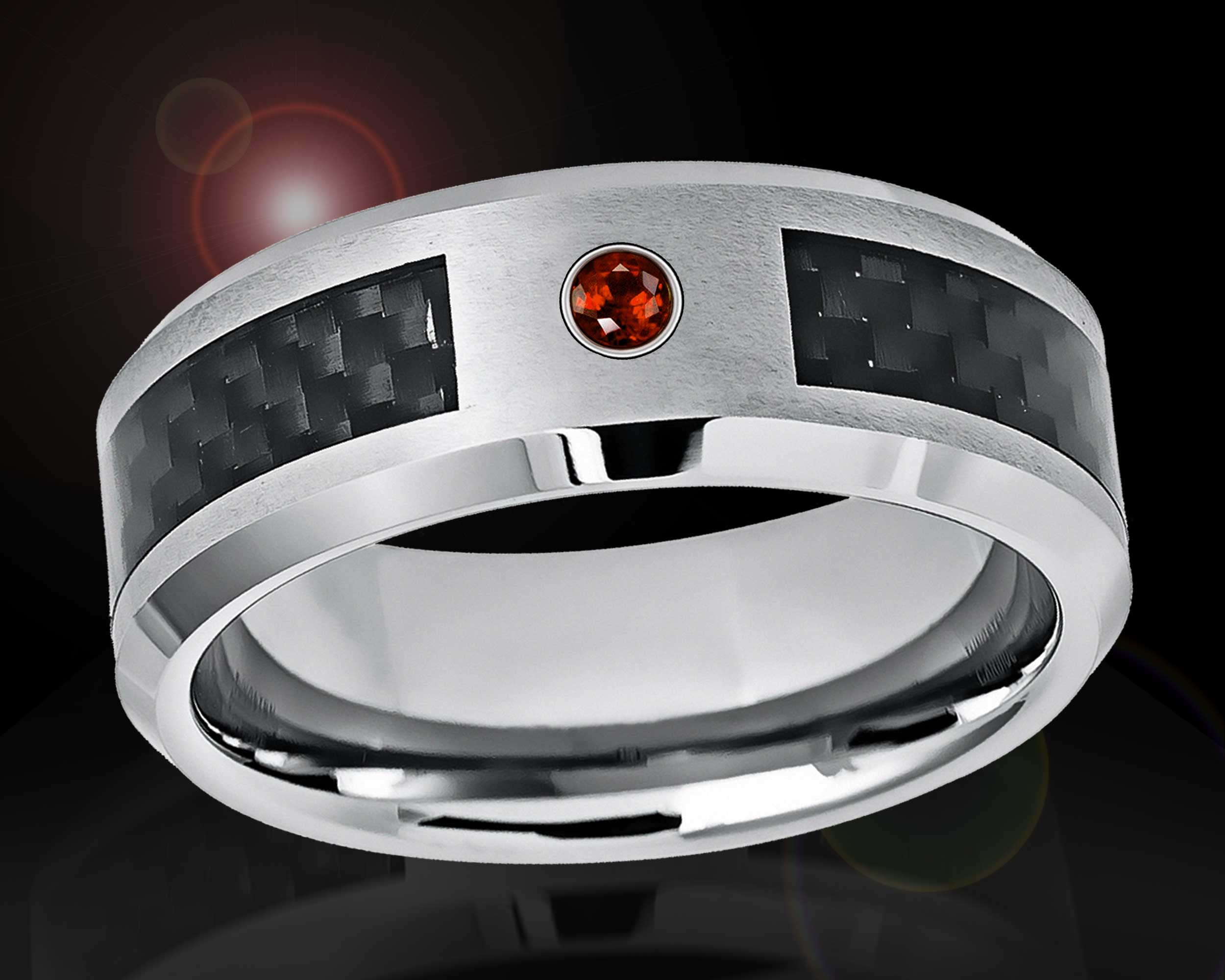 0.07ct Gemstone Diamond Tungsten Ring for Men - 8mm Black Carbon Fiber Inlay Tungsten Carbide Wedding Band, Anniversary Jewelry Gift for Him - Perfect for Engagements, Weddings & Special Occasions