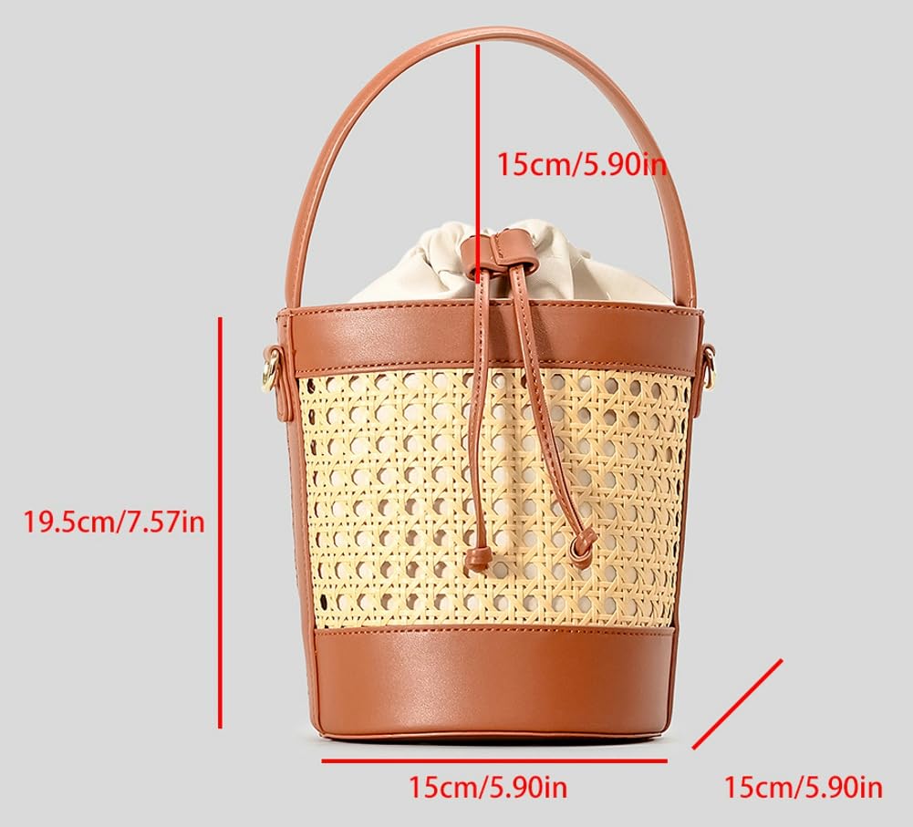 Stylish Woven Rattan Bucket Bag for Women - Perforated PU Leather Summer Handbag with Top Handle & Drawstring Closure | Perfect for Beach, Shopping, and Casual Outings