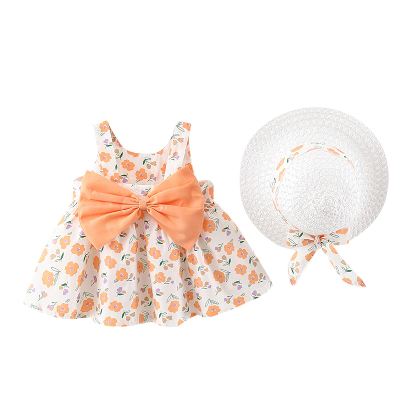 Egbsmy Toddler Girls Sleeveless Floral Print Princess Dress - Summer Casual Outfit for Big Girls, Checkered Orange Dress for Birthday Party, Beach Vacation & Playdate