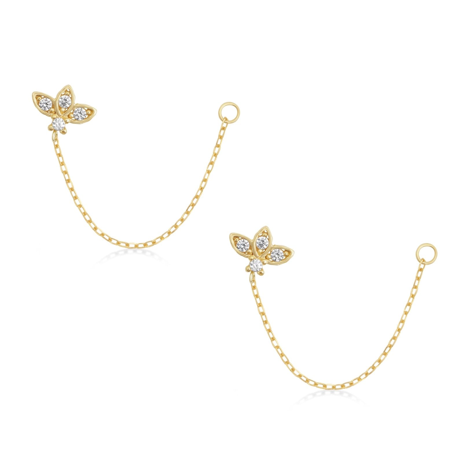 14K Solid Yellow Gold Studded Lotus Chain Earrings for Women - Elegant Boho Jewelry for Parties, Weddings & Everyday Wear