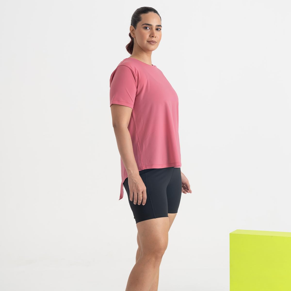 HUNNIT Women's Half Sleeve Gym Top - Solid Workout T-Shirt with Tie Knot Back | Regular Fit Hip-Length Shirt | Quick Dry Moisture Wicking Fabric for Yoga, Running & Fitness