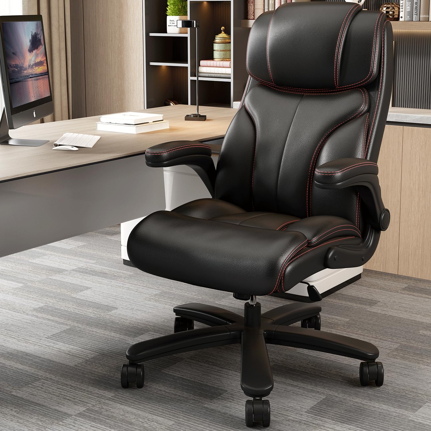 Premium Black Leather Executive Office Chair - High Back Ergonomic Computer Desk Chair with Wheels, Flip-Up Arms & Lumbar Support for Home and Office Use - Perfect for Long Work Hours and Professional Workspaces