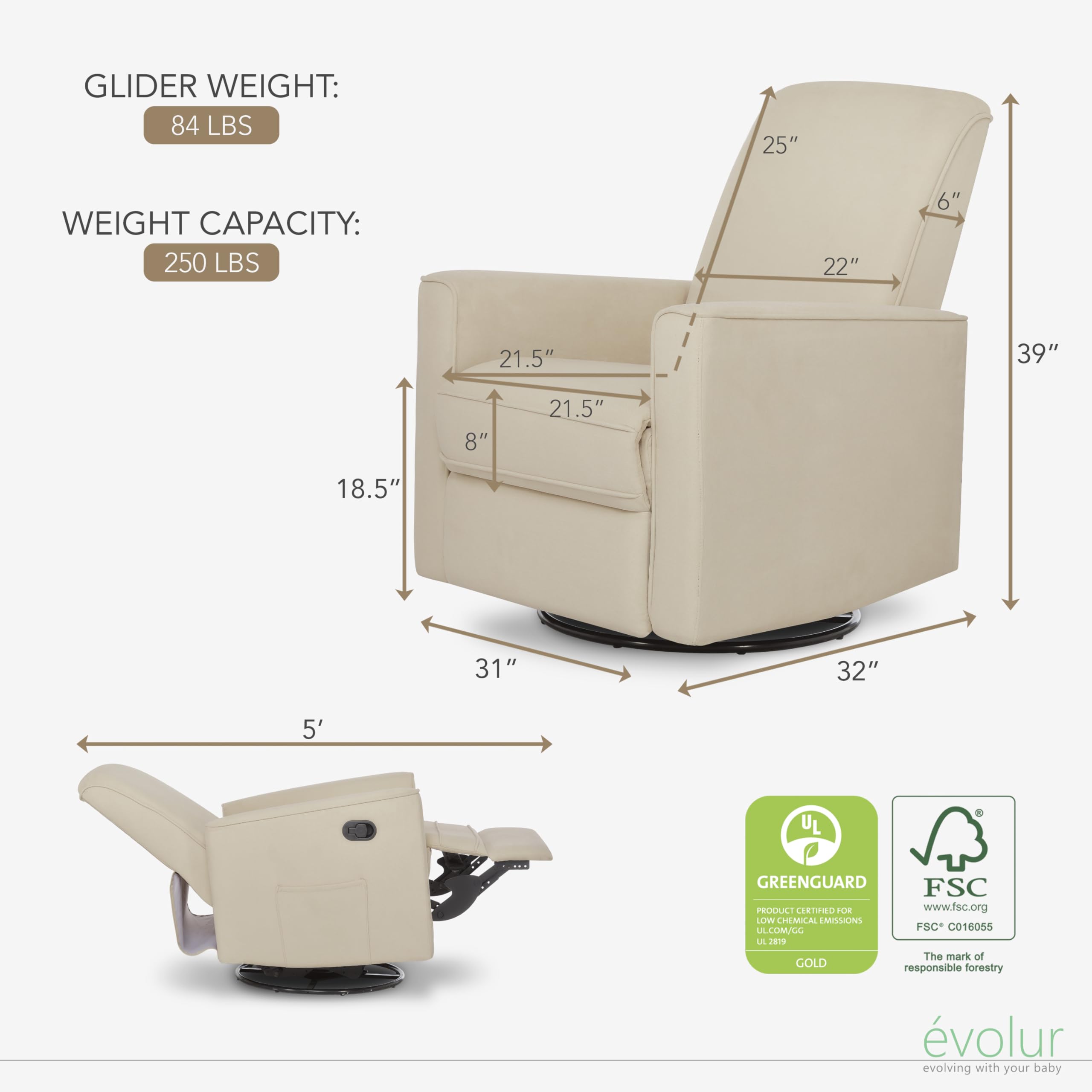 Evolur Raleigh Upholstered Nursery Glider Chair - Plush Swivel Rocker Recliner with Tool-Free Assembly, Easy to Clean & Eco-Friendly Design | Perfect for Breastfeeding, Baby Nursery & Relaxation