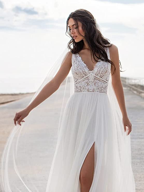 Elegant V-Neck Beach Wedding Dresses 2024 - Sleeveless Lace Boho Bridal Gowns for Women | Perfect for Destination Weddings, Beach Ceremonies & Romantic Photoshoots