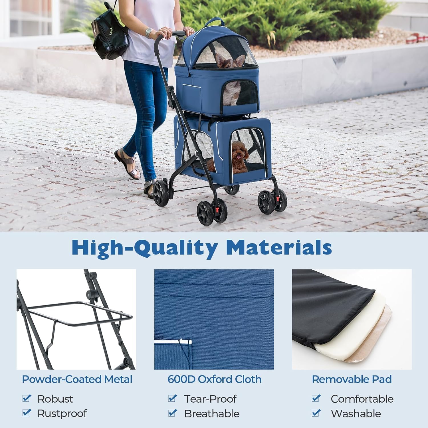 Premium 3-in-1 Double Dog Stroller with 2 Detachable Carriers | Safety Belt, Washable Cover & Removable Pads | 4-Wheel Design for Small & Medium Dogs | Perfect for Walking, Shopping & Vet Visits (Blue)