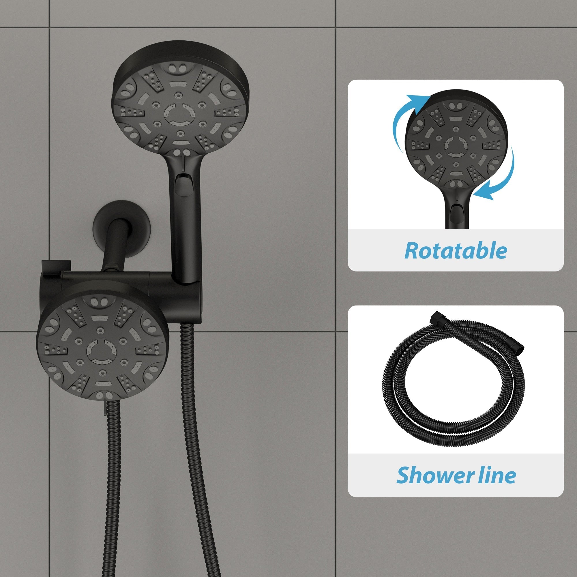 Lordear 5 Inch Matte Black Stainless Steel Dual Head Rainfall Shower Head - Wall Mounted Round Design for Luxurious Spa-Like Bathroom Experience
