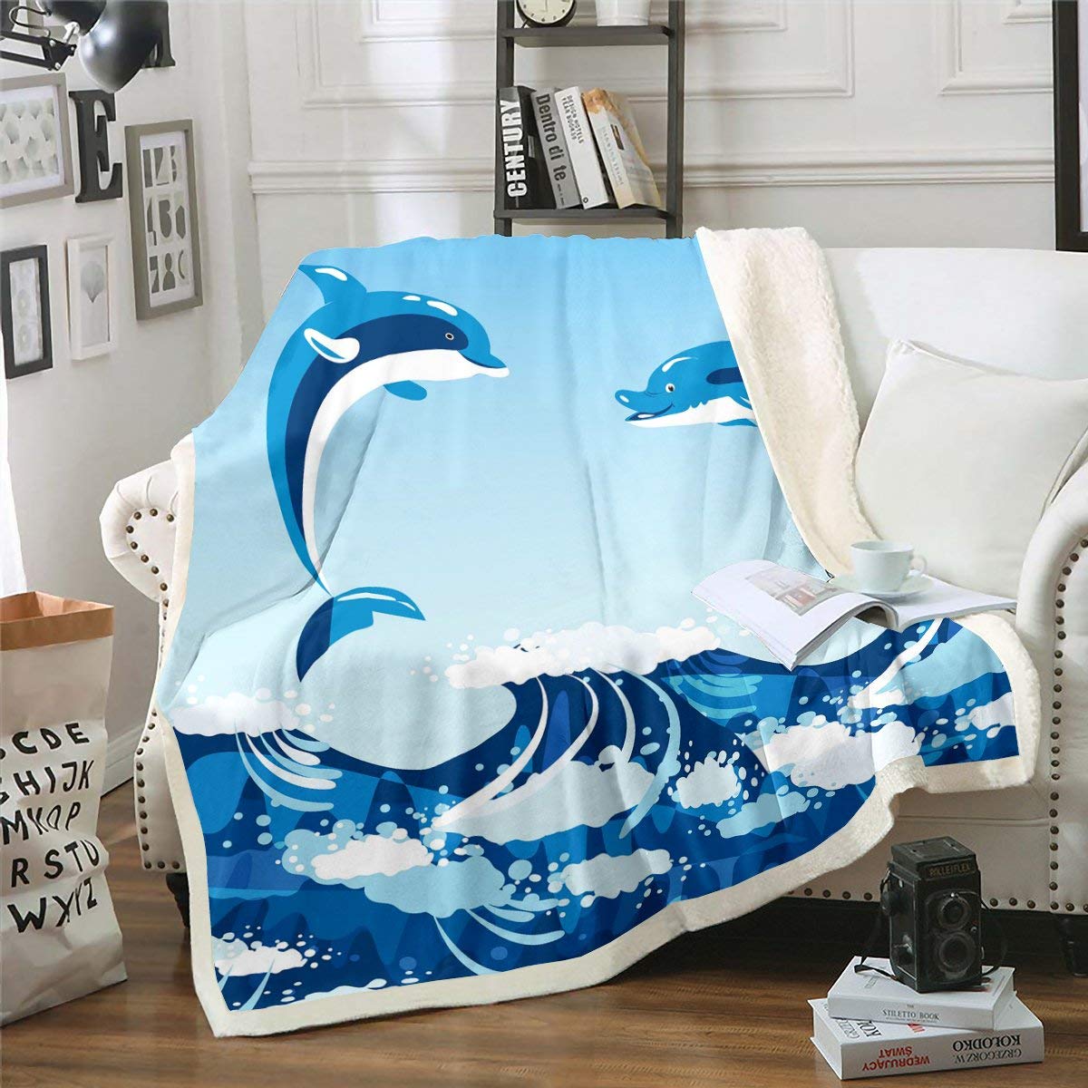 Cute Dolphin Fleece Throw Blanket - Soft Sherpa Ocean Wave Blanket for Kids, Boys & Girls - Watercolor Blue Plush Blanket with Aquatic Animal Design - Cozy Fuzzy Blanket for Sofa, Bed & Couch - King Size 87x95 Inches - Perfect for Nursery Decor, Gift Giving & Winter Snuggling