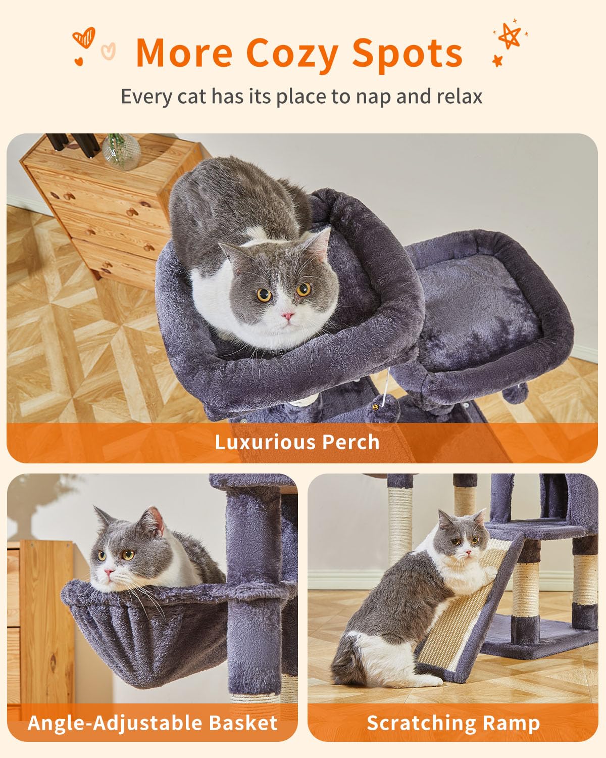 56.3-Inch Cat Tree with Scratching Posts, Hammocks & Toys - Multi-Level Cat Tower for Indoor Cats, Large Condo & Scratch Board - Perfect for Play, Rest & Climbing (Smoky Gray)